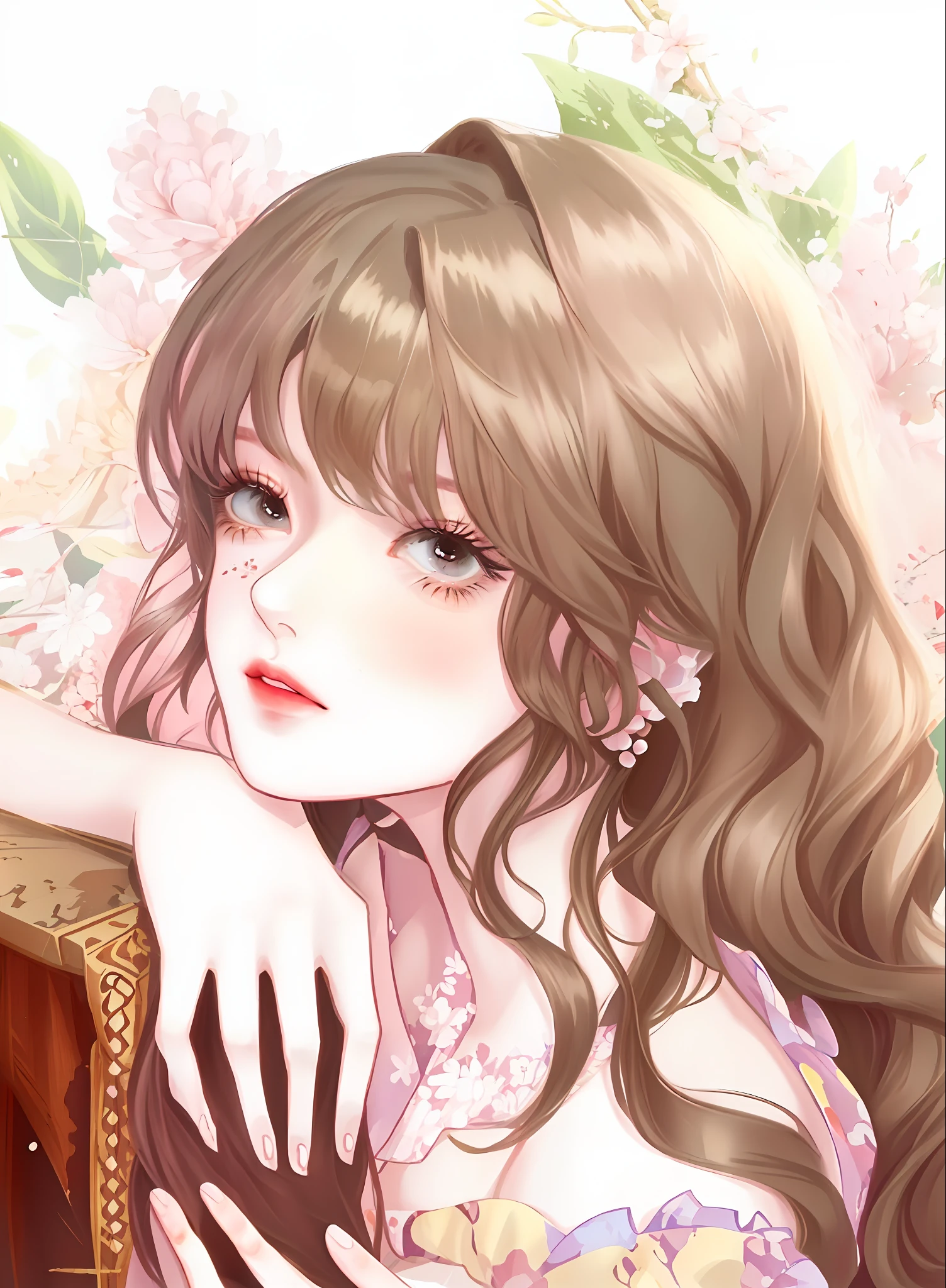 Menina anime com longos cabelos castanhos e olhos azuis sentada em uma cadeira, No estilo de arte de Bowater, mulher bonita do anime, arte de anime digital detalhada, menina anime bonita, Kawacy, mulher bonita sedutora do anime, Anime bonito, shoujo vintage, retrato detalhado da menina do anime, Estilo anime bonito, retrato bonito do anime, Soft anime illustration, shoujo romance