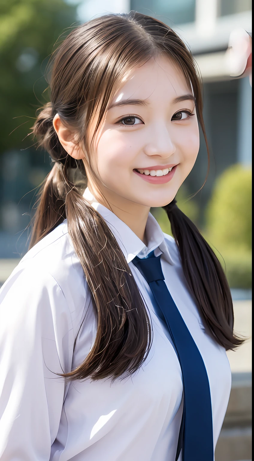 Highly detailed 8k wallpaper), sharp focus, detailed, dramatic, delicate and beautiful schoolgirl, sheer white shirt, tie, dark blue pleated micro mini, light brown hair, smooth pigtails, sexy, smile, peeking at the viewer, beautiful graphics, bright school building, full of students, showing the whole body,.