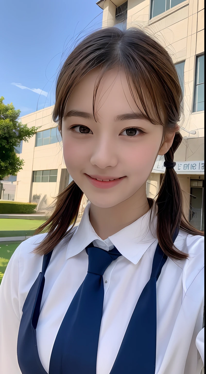 Highly detailed 8k wallpaper), sharp focus, detailed, dramatic, delicate and beautiful schoolgirl, sheer white shirt, tie, dark blue pleated micro mini, light brown hair, smooth pigtails, sexy, smile, peeking at the viewer, beautiful graphics, bright school building, full of students, showing the whole body,.