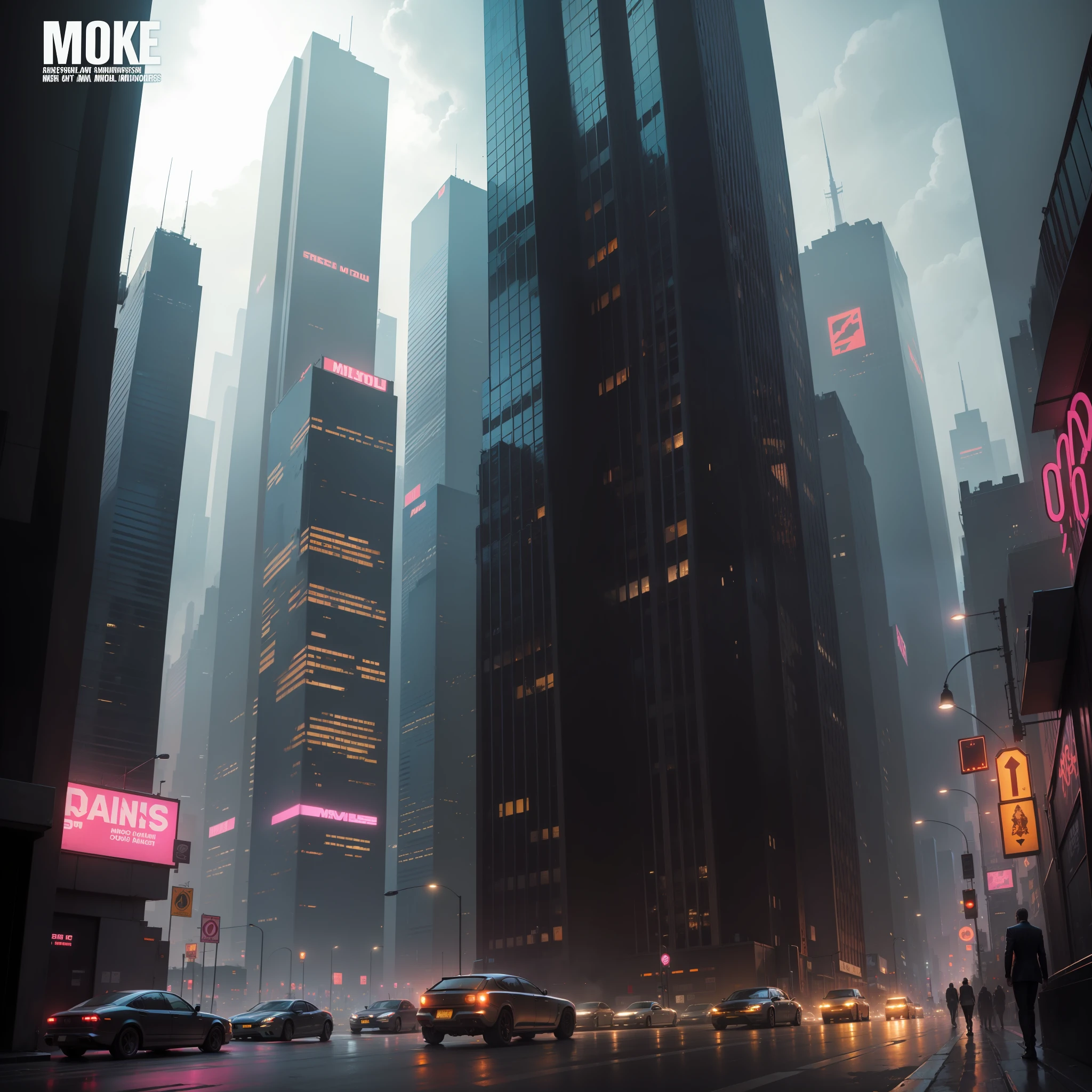 **Moebius' most famous Heavy Metal Magazine cover description A futuristic cyberpunk cityscape, with towering skyscrapers and neon, dark streets, vehicles, business, lone figure, black, cybernetic