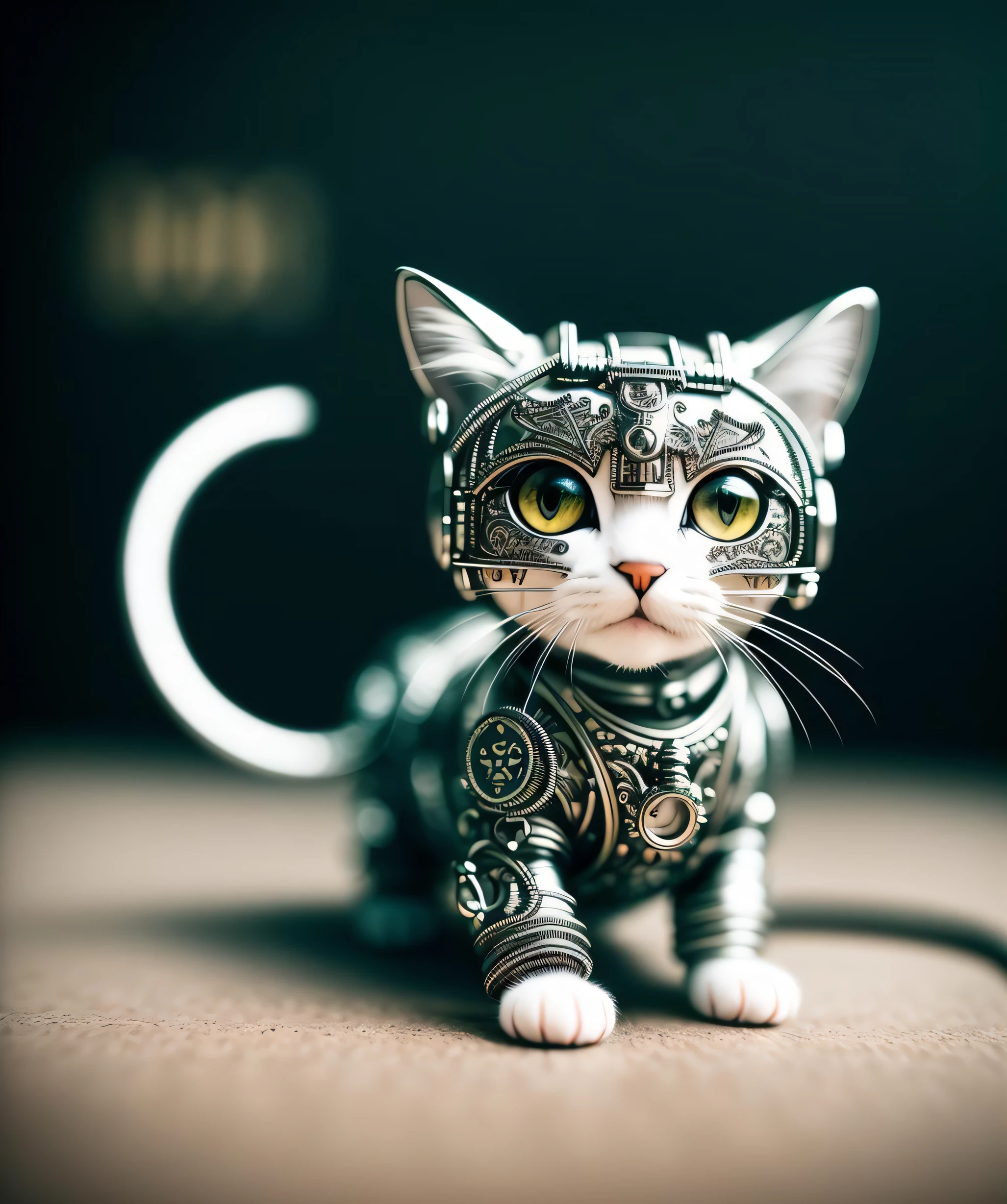 a cute kitten made out of metal, (cyborg:1.1), ([tail | detailed wire]:1.3), (intricate details), hdr, (intricate details, hyperdetailed:1.2), cinematic shot, vignette, centered