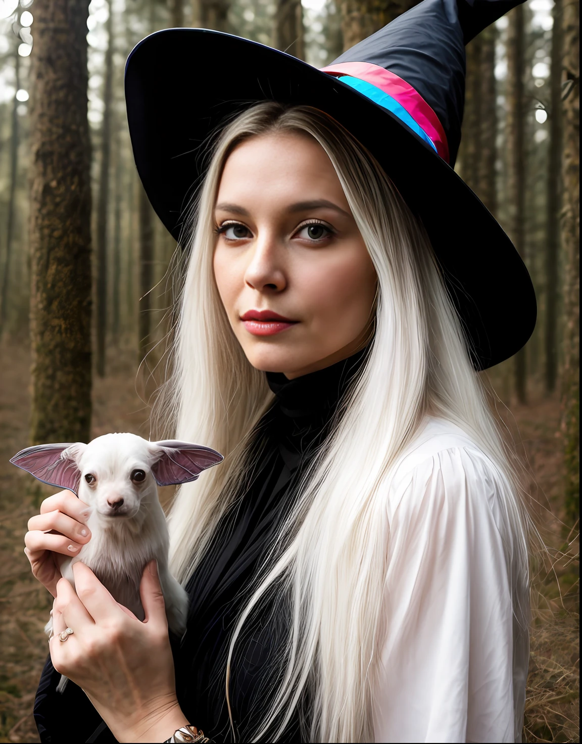 Immerse yourself in the colourful closeup world of a long white haired ((aged elderly)) white witch woman with a felt hat witch, 1woman, super cute spider with big bright eyes, digital painting, dreamlike, intricate details, sharp focus, trending on artstation, magical fairies in a dreamlike forest, Photographed by David bailey using Hasselblad’s flagship mirrorless medium format camera X2D 100C. 1000mps ,bold vibrant colours