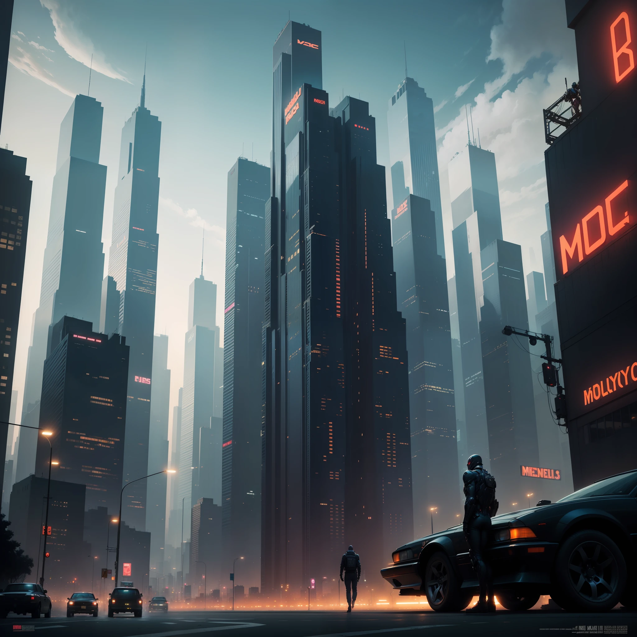 **Moebius' most famous Heavy Metal Magazine cover description A futuristic cyberpunk cityscape, with towering skyscrapers and neon, dark streets, vehicles, business, lone figure, black, cybernetic