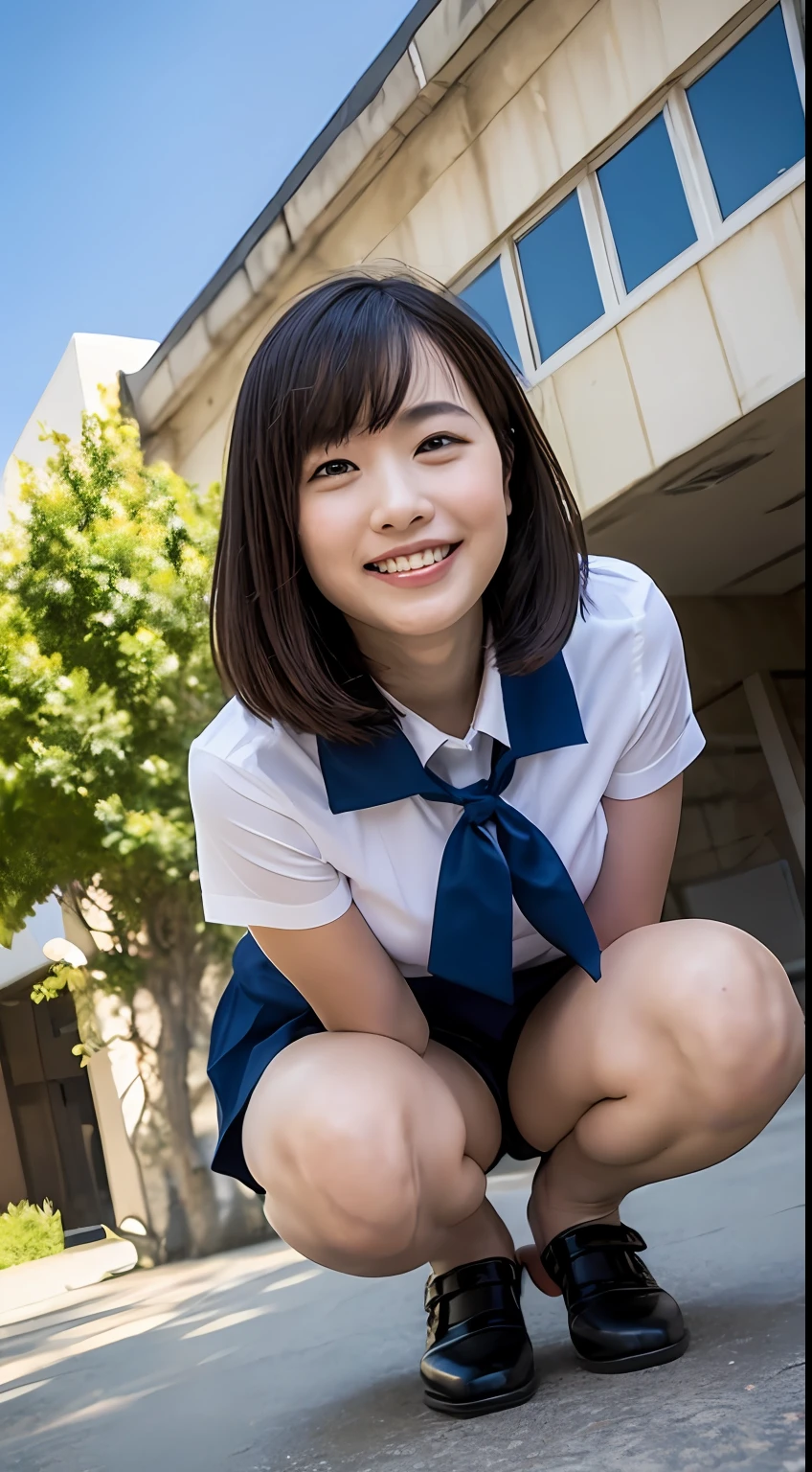 (very detailed, 8k, wallpaper), sharp focus, detailed, dramatic, delicate and beautiful schoolgirl, sheer white shirt, navy blue ribbon collar, dark blue pleated micro mini, pink lingerie, sexy, smile, peeking at the viewer, graphics beautiful, bright school building with strong sunlight, full body, sitting, squatting, showing plump panties, white socks, ((straight ahead, Low angle,)),