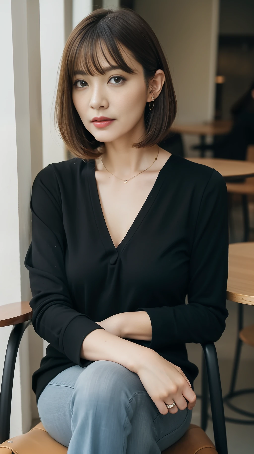 巨作, Top image quality, Hi-Def, 独奏, small tits, 40yo, (wrinkles:0.08), 1 persons, cafes, sits on a chair, Stylish coordination, Bob Hair,