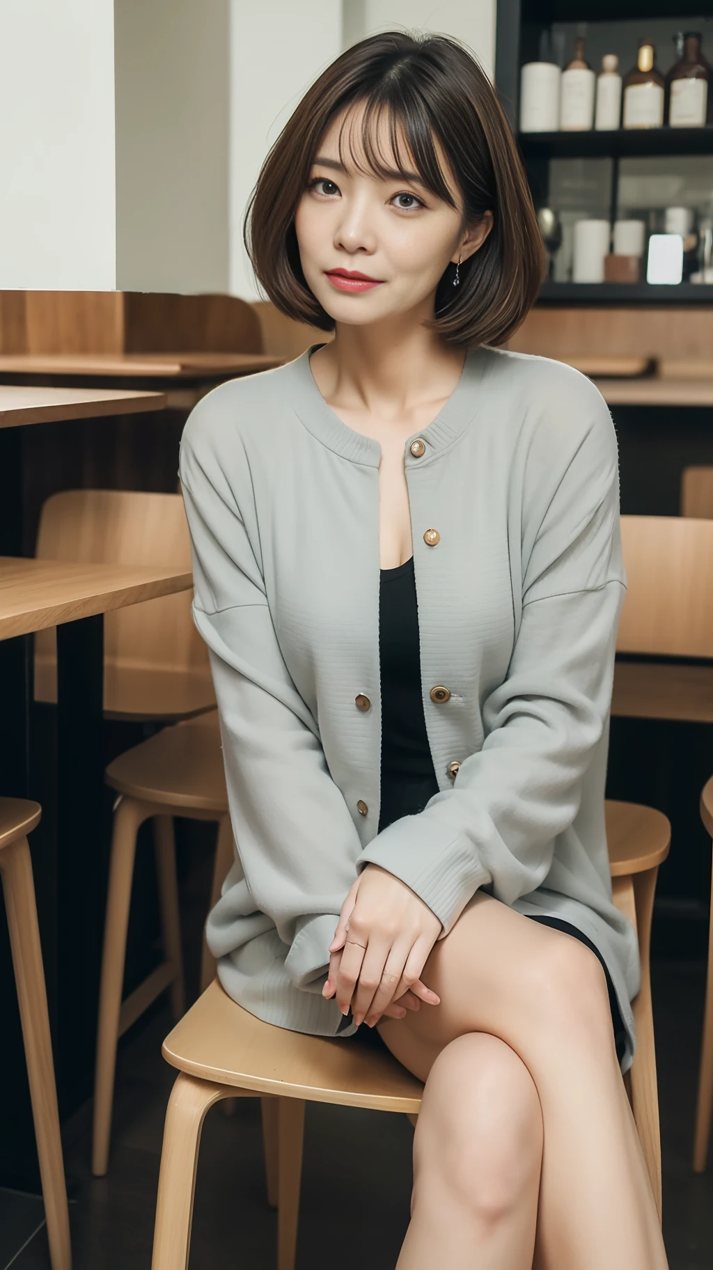 巨作, Top image quality, Hi-Def, 独奏, small tits, 40yo, (wrinkles:0.08), 1 persons, cafes, sits on a chair, Stylish coordination, Bob Hair,