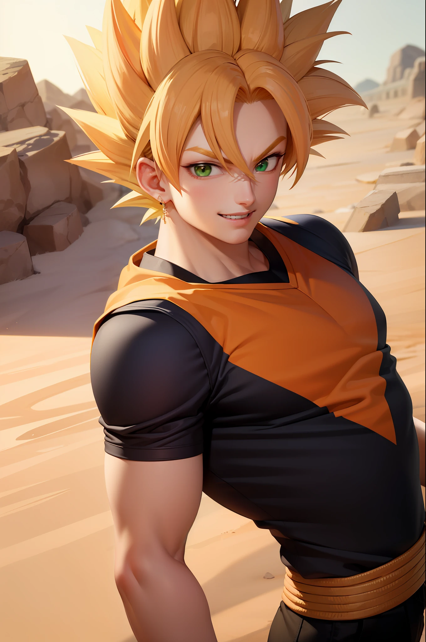 (masterpiece, best quality: 1.2), solo, male focus, big, strong, 1boy, Goku, super saiyan, smile, looking at the viewer, closed fists, rocky desert background, blonde hair, spiky hair, green eyes, orange dougi, black T-shirt.