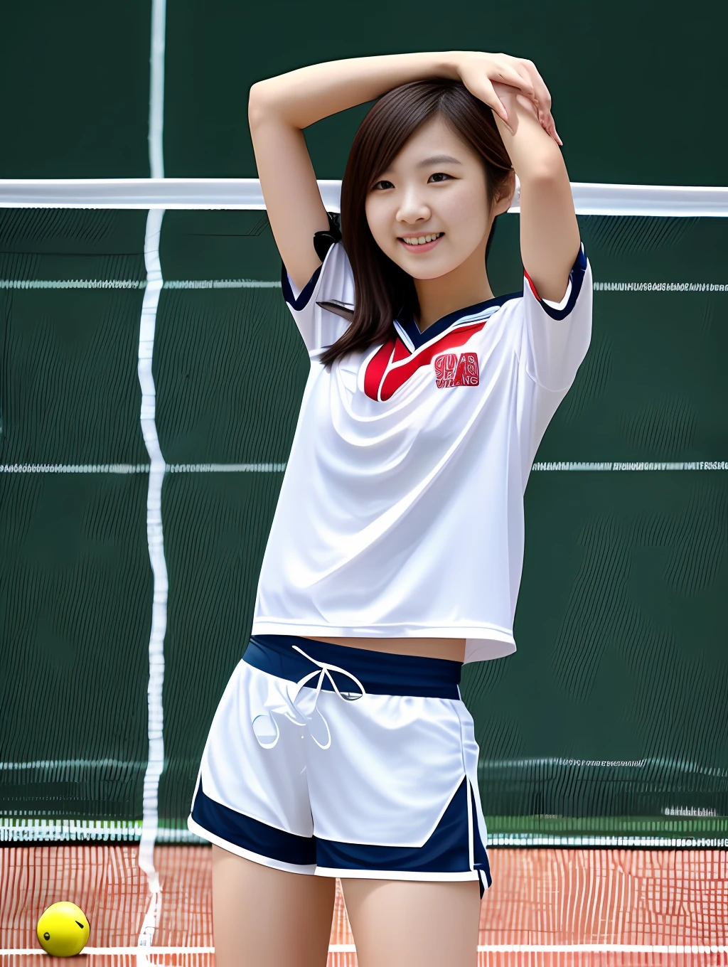 (8K、Raw photos、最好质量、巨作:1.2)、(realisitic、photoreallistic:1.37)、(realisitic、photoreallistic:1.37)、japanes、17歳, Three girls,巨作, photographrealistic, and intricate detailing, Raw foto, Photon Rendering, octane rend, Real Face,Full body photo,Japan cute 20 years old,extra detailed body,shine smile,Slender body type、Small breasts,Badminton Club --auto