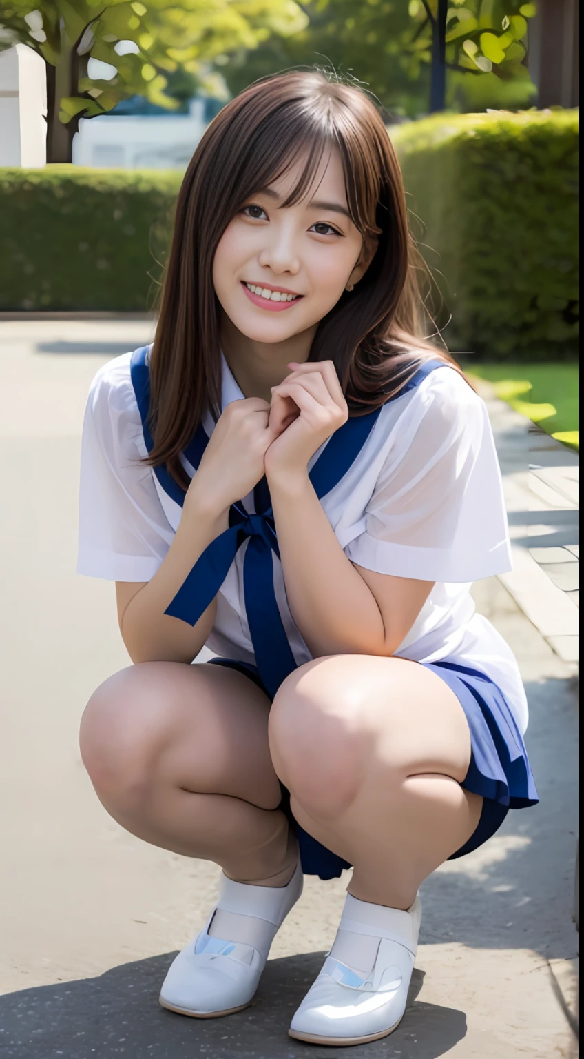 (highly detailed 8k wallpaper), sharp focus, detailed, dramatic, delicate and beautiful schoolgirl, sheer white shirt, dark blue ribbon, dark blue pleated micro mini, pink lingerie, sexy, smile, peeking at the viewer, graphics are beautiful, bright school building with strong sunlight, show the whole body, sitting, squatting, plump panties, white socks,