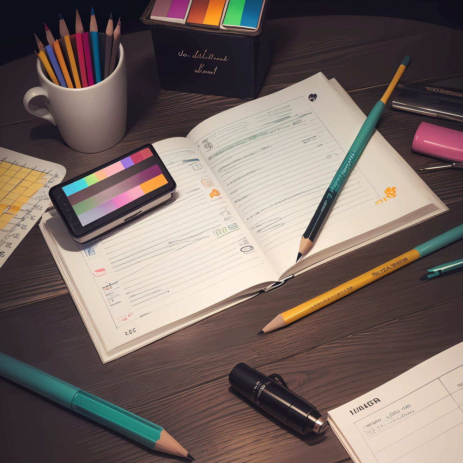 Image of a color palette with brushes, with Icons from different design tools, as pencils, Ruler and pens. --auto