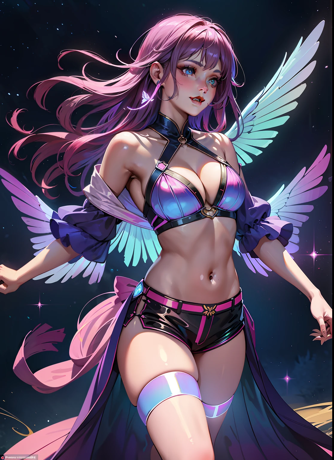 a very beautiful girl, front pose, cute fangs, shy, detailed hairstyle, lace details, garterbelt, walking, playing, rainbow bikini, beach background, dark makeup, tattoo, thin waist, random color clothes, hair with flowers details and back buns, (((short blue hair))), discret smile, (full body), detailed eyes, intricate details, octane render, 8k, hyperrealism, trending on artstation, ((digital painting)), WLOP, Stanley Artgerm Lau, Greg Rutkowski, Ross draws, Mark Brooks, Brian Froud, 8k resolution, hyper detailed, 8k portrait, intricate, elegant, highly detailed, majestic, digital photography, art by artgerm and ruan jia and greg rutkowski surreal painting gold butterfly filigree, masterpiece, sidelighting, finely detailed beautiful eyes, hdr