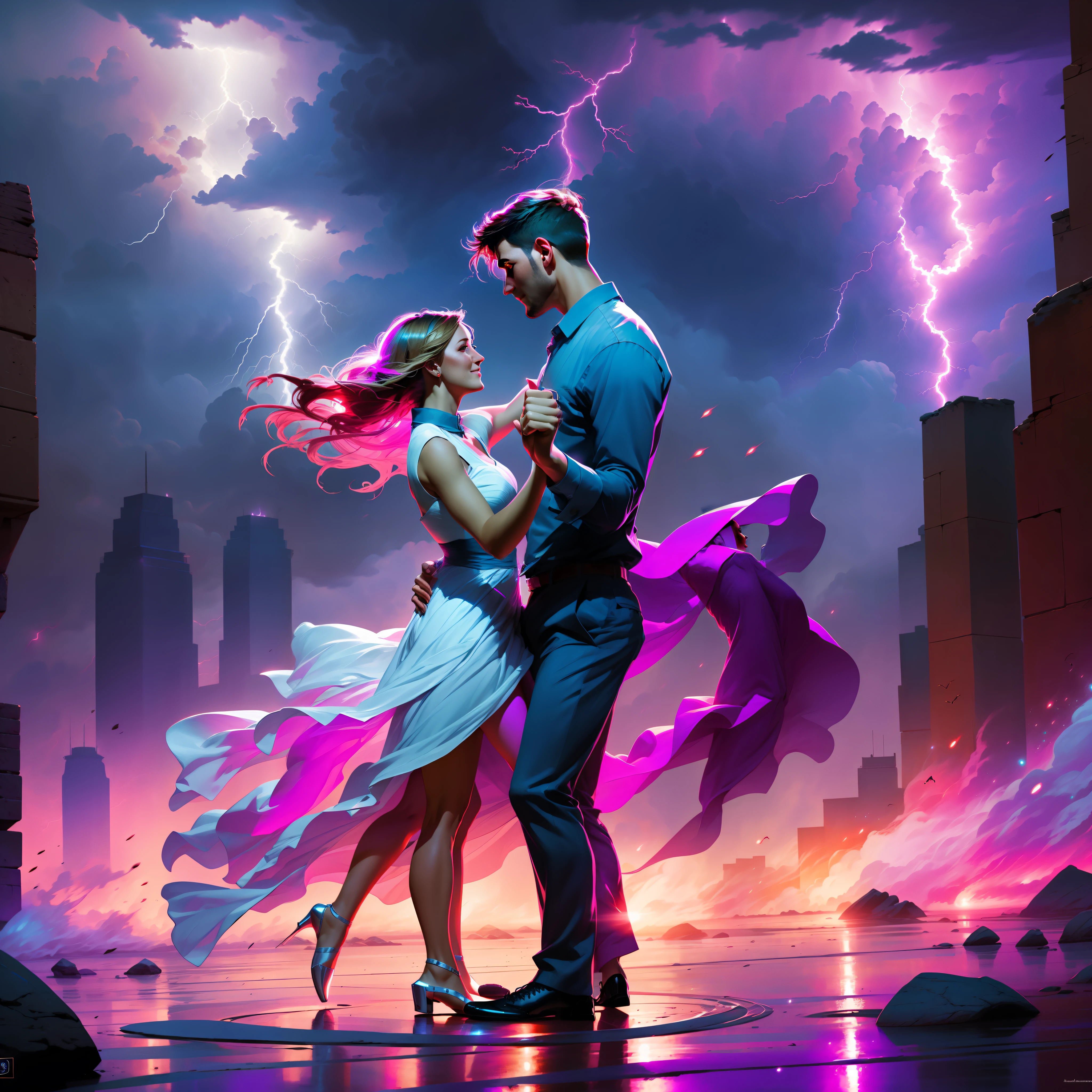 Couple dancing in a lightning storm, soft lighting, concept art