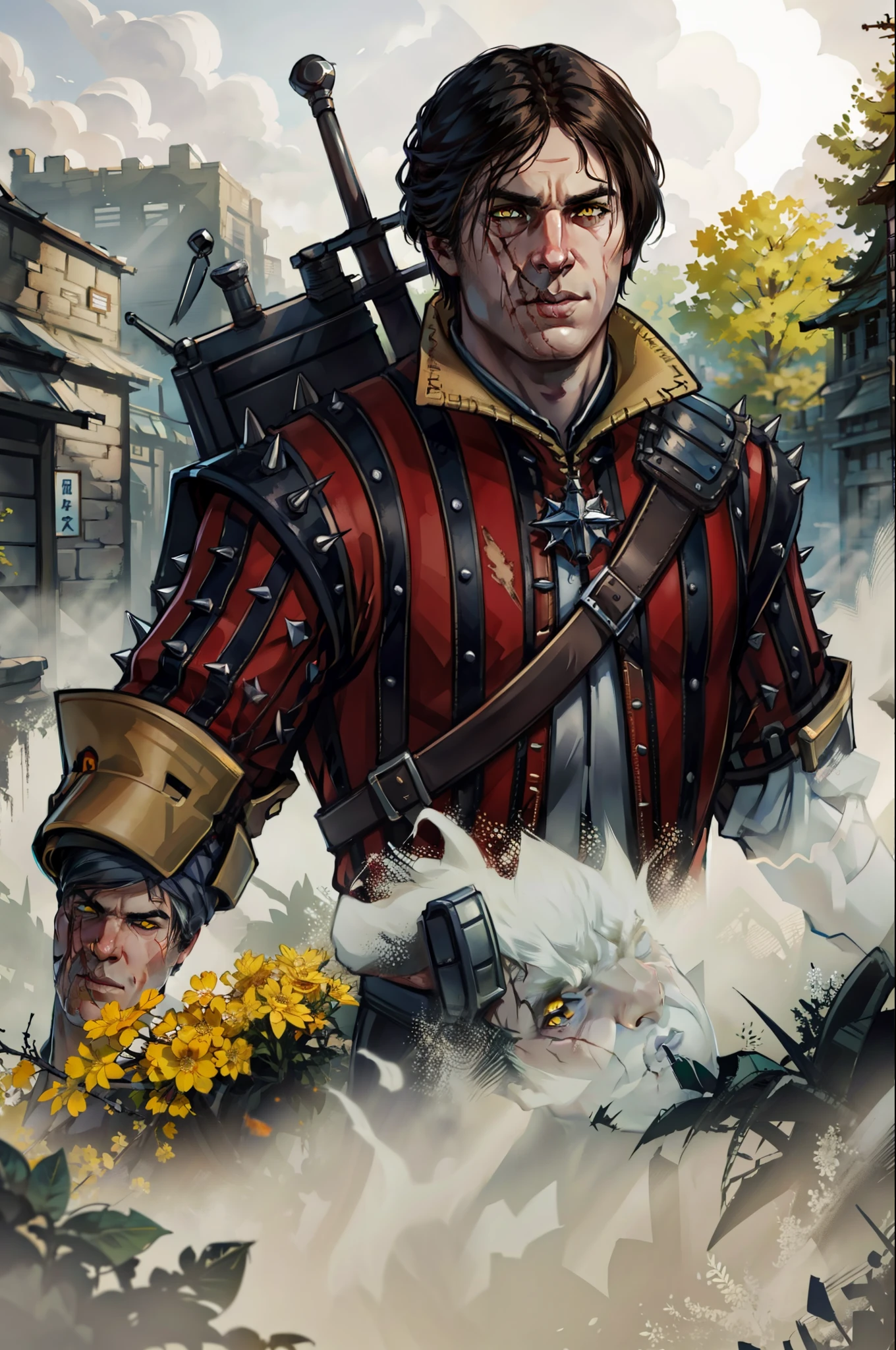 (Masterpiece, Top Quality, Best Quality, offcial art, Detailed:1.2), eskelW3_soul3142, 独奏, looking to viewer, black hair, 1boy, Yellow eyes, upper-body, arma, male focus, at street, skye, Day, sword, The tree, scar, scar on face, spikes, realistic, weapon on back