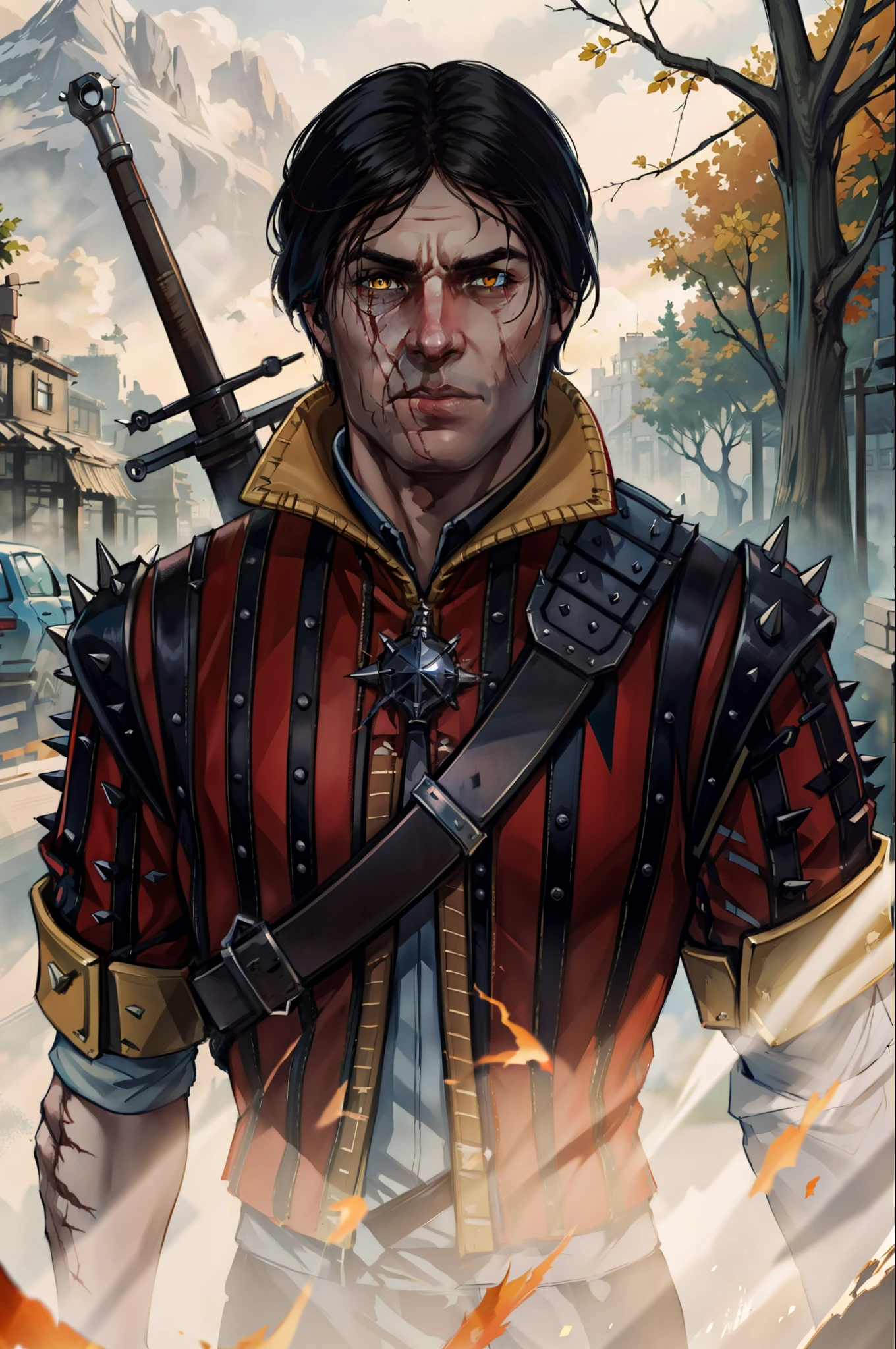 (Masterpiece, Top Quality, Best Quality, offcial art, Detailed:1.2), eskelW3_soul3142, 独奏, looking to viewer, black hair, 1boy, Yellow eyes, upper-body, arma, male focus, at street, skye, Day, sword, The tree, scar, scar on face, spikes, realistic, weapon on back