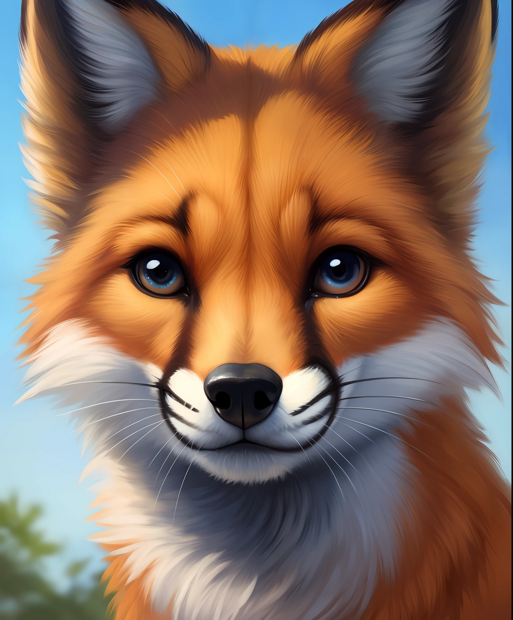 painting of a fox with a blue sky in the background, Retrato de uma raposa antro, pintura digital detalhada, ultra realistic illustration, painting digital adorable, baixo detalhamento. pintura digital, Realistic. Pelo detalhado, pintura digital muito detalhada, pintura digital altamente detalhada, realistic illustration, stylised fox - like appearance, pintura digital altamente detalhada, close up foto de retrato, raposa digital