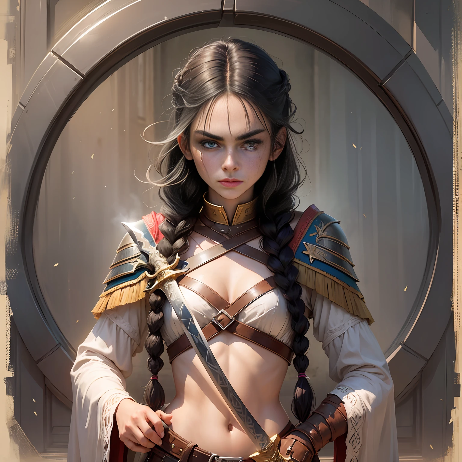 A 17-year-old druid [Cara Delevingne], black hair, fringe hair, braids, sword