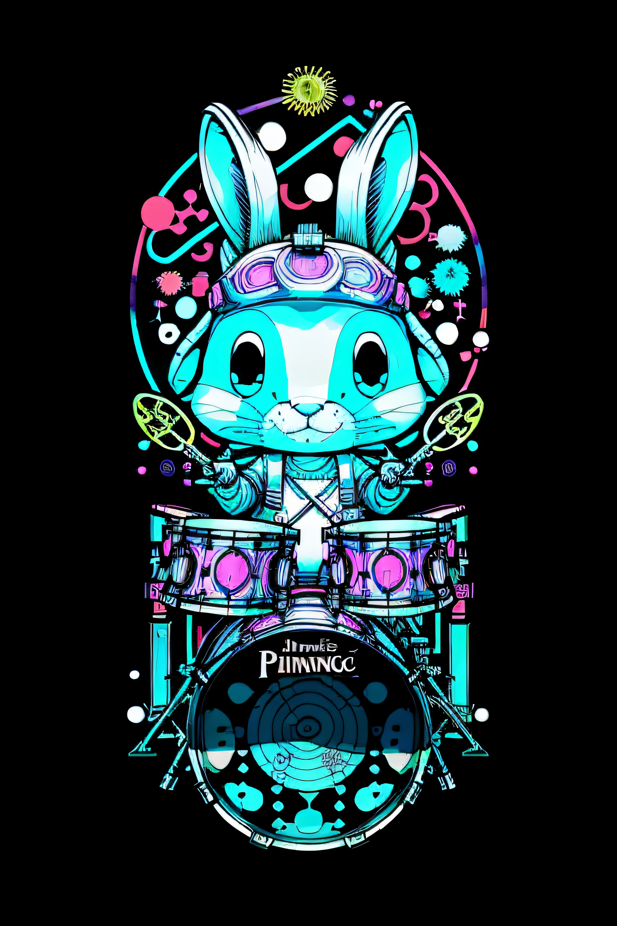 no estilo de 0mib, Adorable rabbit playing drums, Prismatic fragments, reflecting fractal circles, respingos de tinta, pinceladas derretendo, Particle vortex, lighting dramatic, alta qualidade, majo, obra-prima