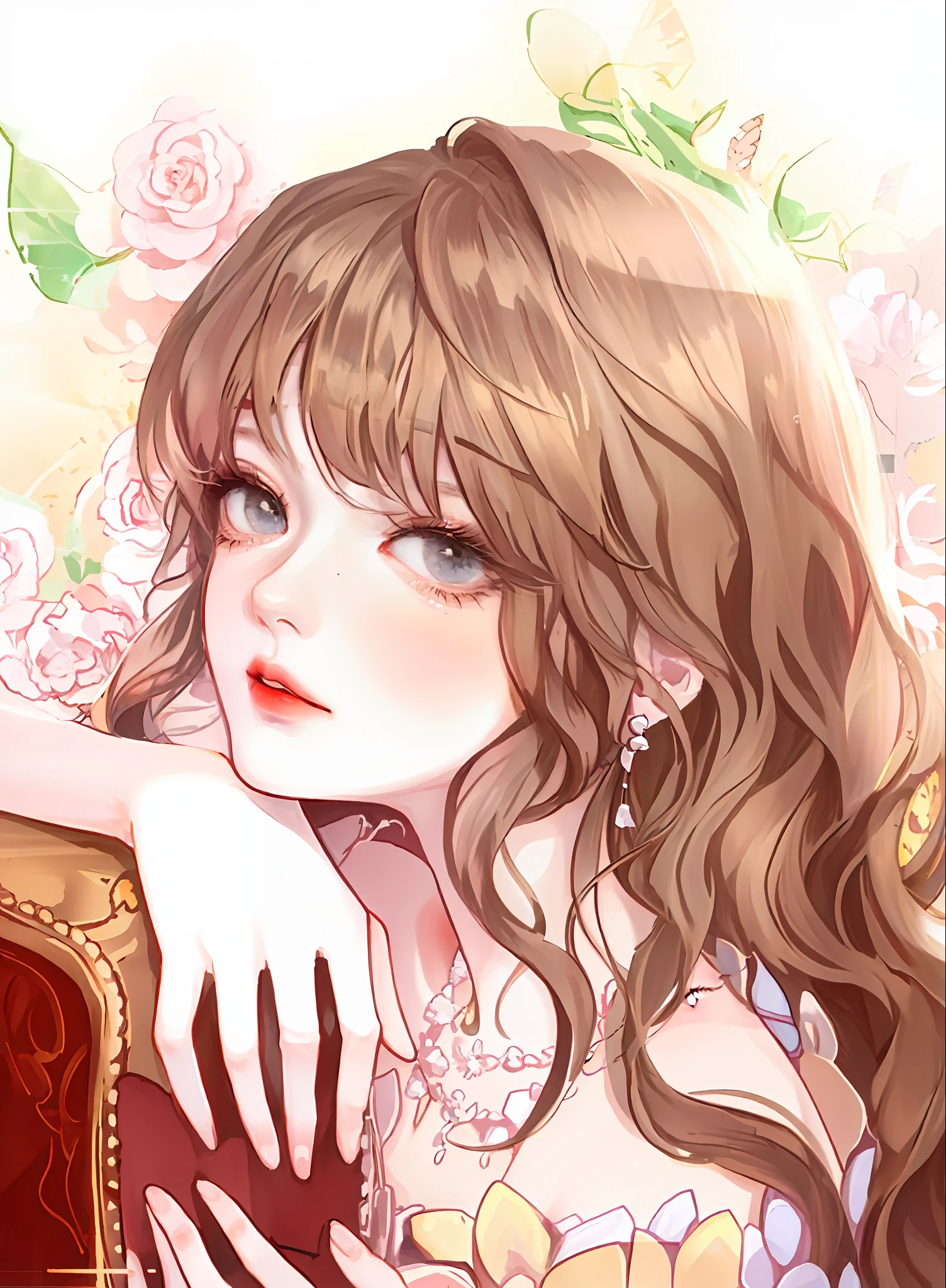 Menina anime com longos cabelos castanhos e olhos azuis sentada em uma cadeira, No estilo de arte de Bowater, mulher bonita do anime, arte de anime digital detalhada, menina anime bonita, Kawacy, mulher bonita sedutora do anime, Anime bonito, shoujo vintage, retrato detalhado da menina do anime, Estilo anime bonito, retrato bonito do anime, Soft anime illustration, shoujo romance