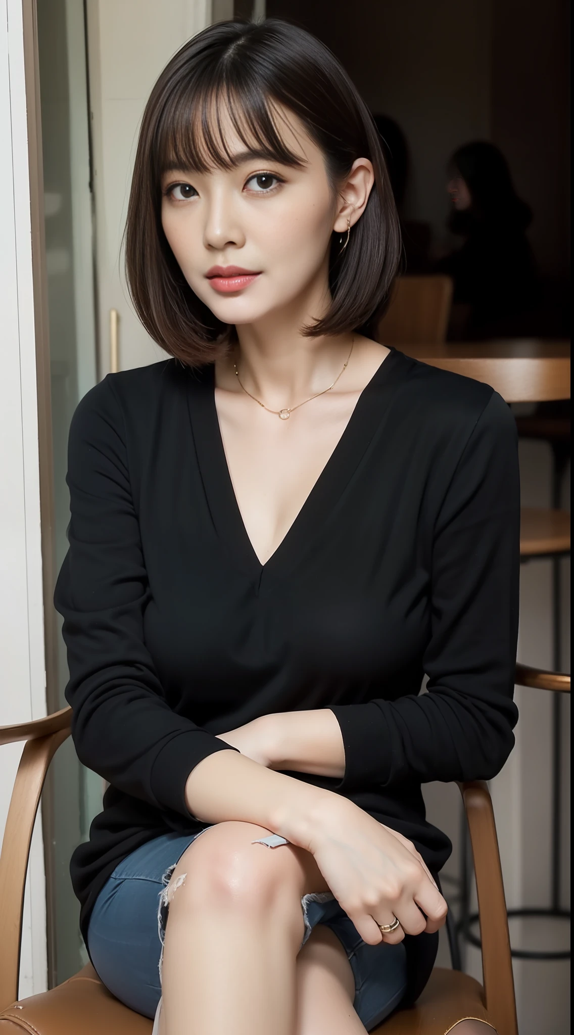 巨作, Top image quality, Hi-Def, 独奏, small tits, 40yo, (wrinkles:0.1), 1 persons, cafes, sits on a chair, Stylish coordination, Bob Hair,