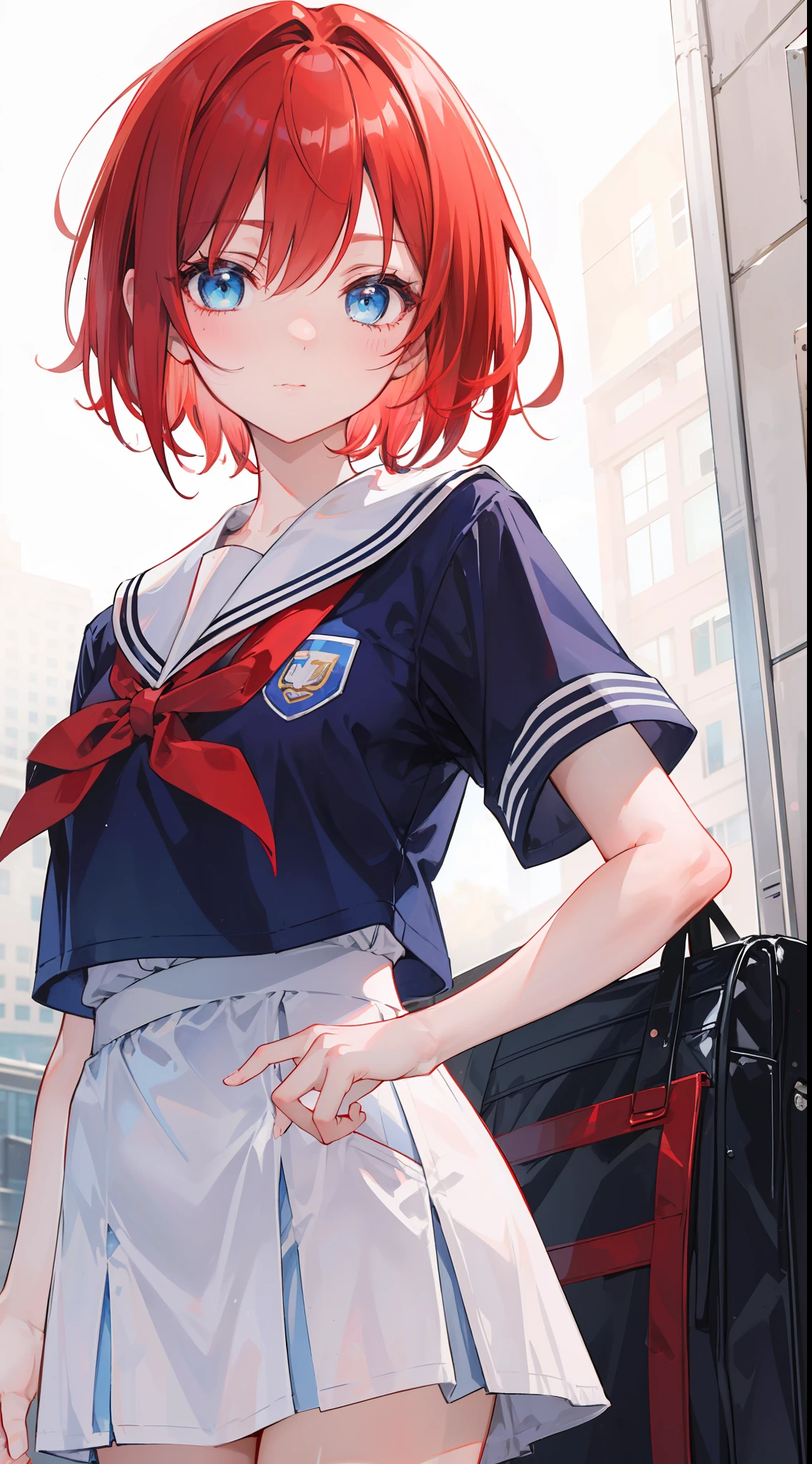 A girl, red hair and blue eyes, short hair, wearing a middle school uniform, cheeks and chubby, is at a crossroads, cute