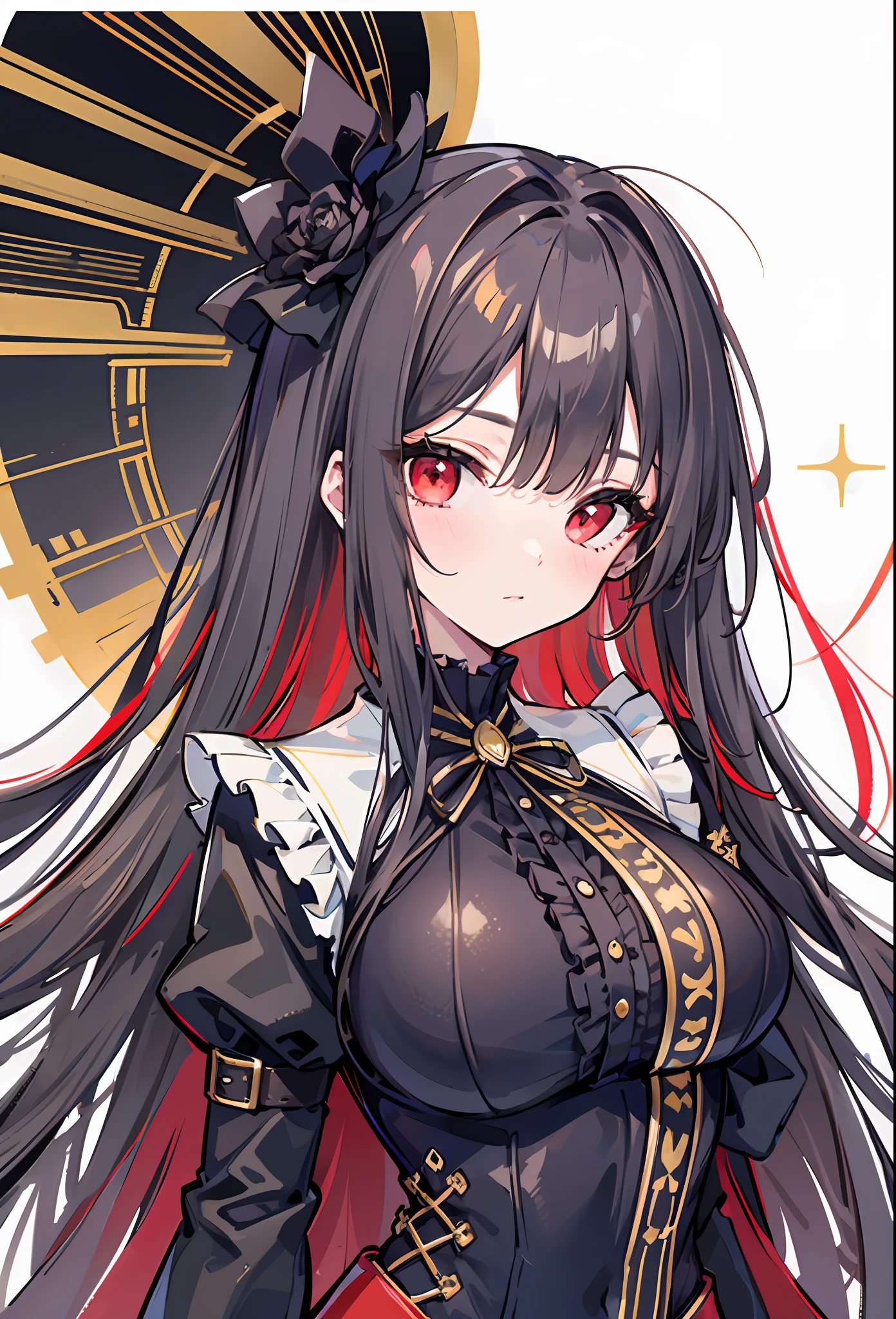 One Girl, Solo, ((Large: 1.4)), ((Hi-Res)), ((Maste Piece)), ((Best Quality)), (Very detailed)), Large_filesize, fully colored, Detailed background, Long white hair, Red Eyes, (eye line), Night, (red frill),(Black spats),(detailed black bodysuit and gothic lolita fashion with gold embroidery)1.1, (body suit, Ruffled decoration, gold line)