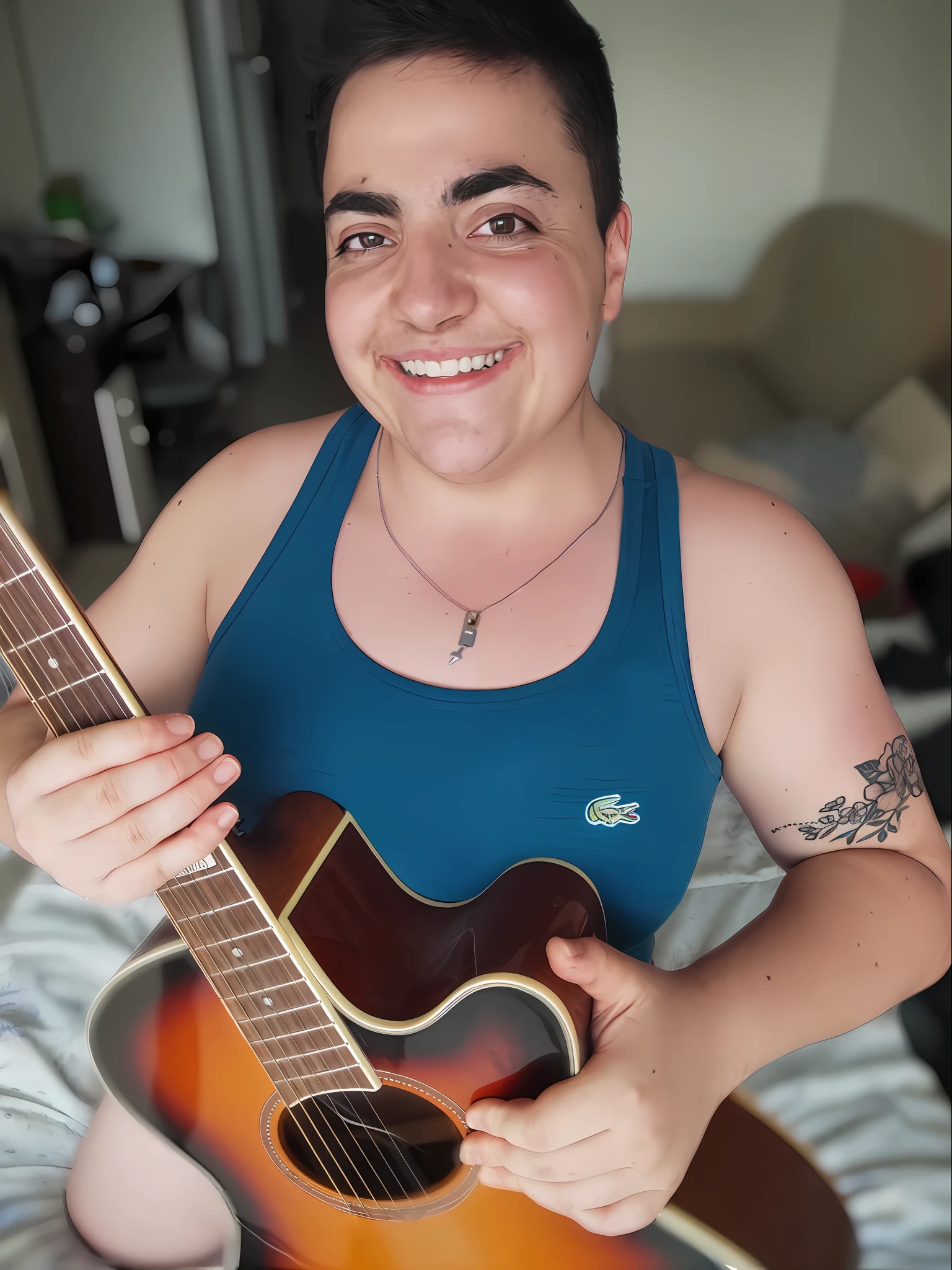 Person with no defined gender smiling holding a guitar in his hands on a bed, holding a guitar, playing the guitar, an epic non - binary model, playing a guitar, playing the guitar, segurando guitarras, foto de retrato detalhada, tocando uma guitarra Gibson Les Paul, tocando guitarra, pessoa tocando guitarra, muito ligeiramente sorridente, holding Electric Guitar, album photo
