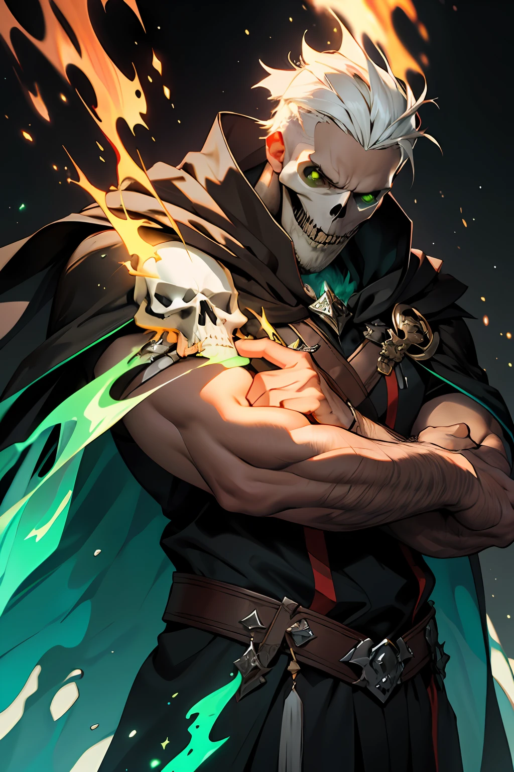 Best quality, masterpiece, ultra high res,detailed background,realistic,hadesstyle,solo,male,mature,bara,muscular,mature male,short hair,facial hair,wizard,necromancer,skull,green fire,horror \(theme\),dark fantasy,evil,cape,depth of field