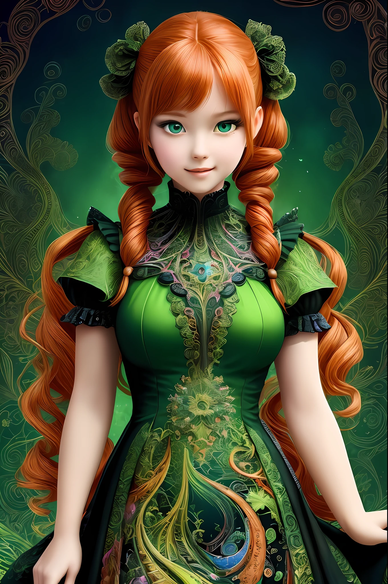 An young woman with long red hair wearing a green dress, detailed fantasy digital art, intricate ornate cgi anime style, hyper-detailed fantasy character, ornate dark green clothes, beautiful fantasy girl, very beautiful top model, celtic fantasy art, dress intricate fantasy, cute girl with ornate robes, girly princess, beautiful digital art, digital fantasy art )