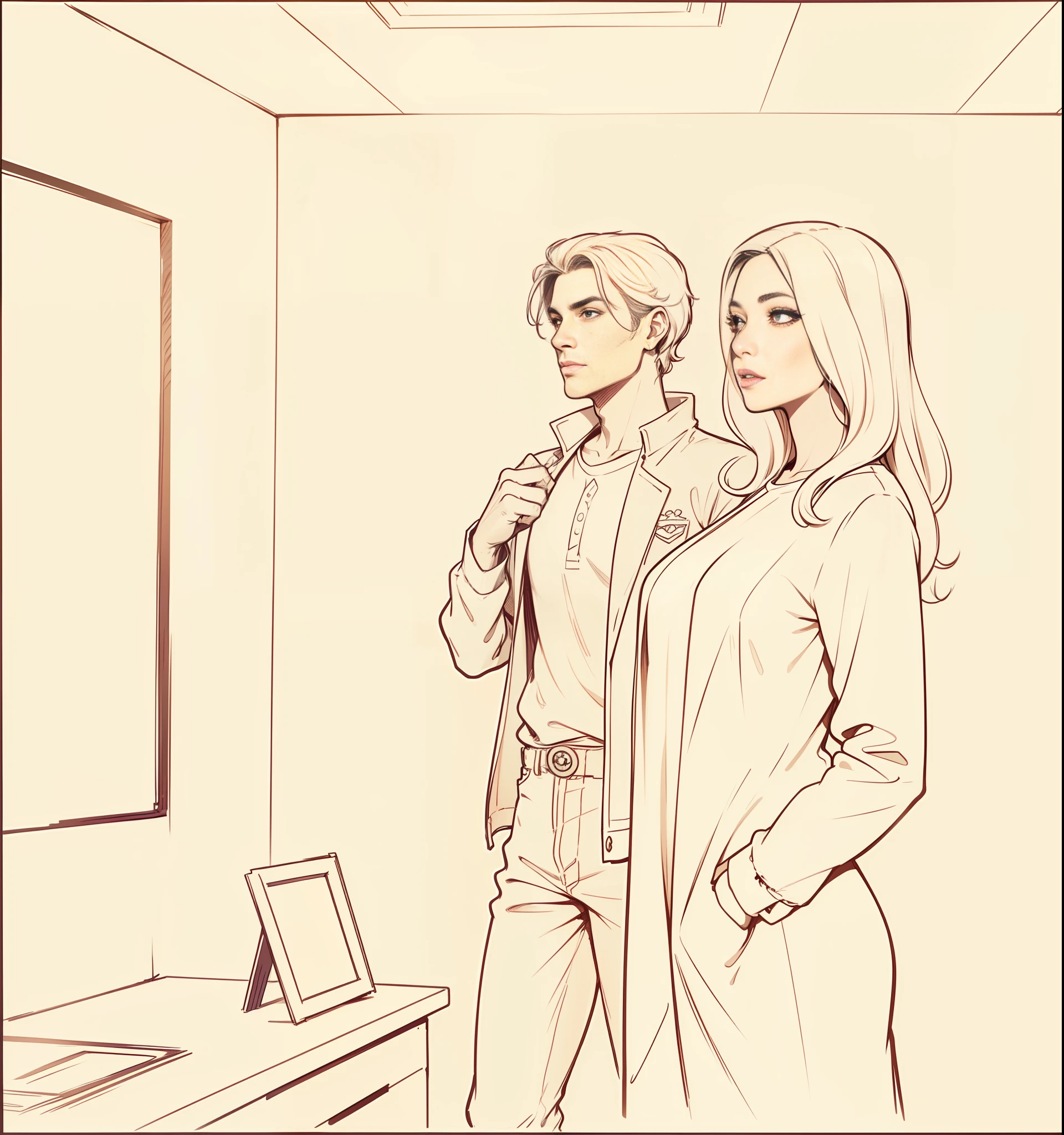 (Estilo realista),(melhor qualidade, character illustration),(dois personagens),(dinamic pose +Pose casual),(olhos expressivos),(fundo colorido:0.9),CONVERSATION，(luz brilhante)，(volumetric light)