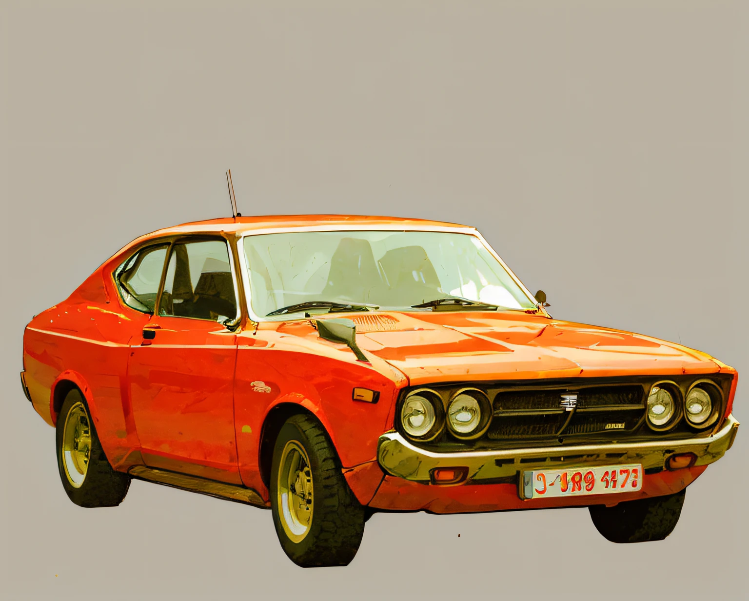 car Datsun 150-j of the year 1975 orange color, con tabla de surf en la parte superior, Highly detailed illustration.", vehicle illustration, cartoon style illustration, estilo de dibujos animados, HD Illustration, ultra-detailed illustration, vector illustration, Hiper real altamente detallado, Highly detailed illustration, high detail illustration, retro illustration, Caricatura altamente detallada, artistic illustration, Arte vectorial altamente detallado, a beautiful art illustration