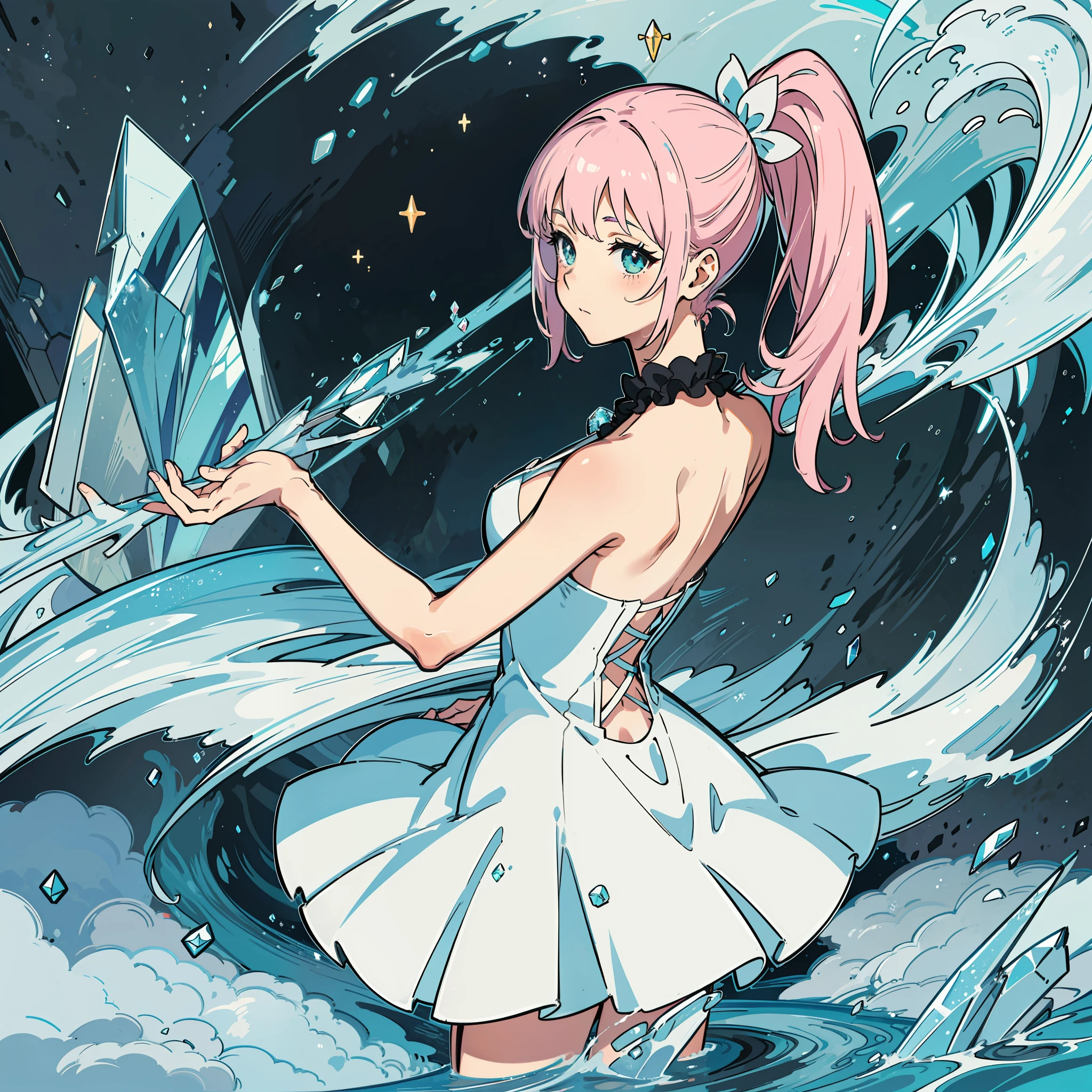 Detailed depiction of girl details, emphasis on pink double ponytail, clearly express the silhouette of the girl's shape, static, by the river, hands on the back, the river in the distance is crystal clear, shimmering ripples in the light background, depicting a mysterious and unique atmosphere.