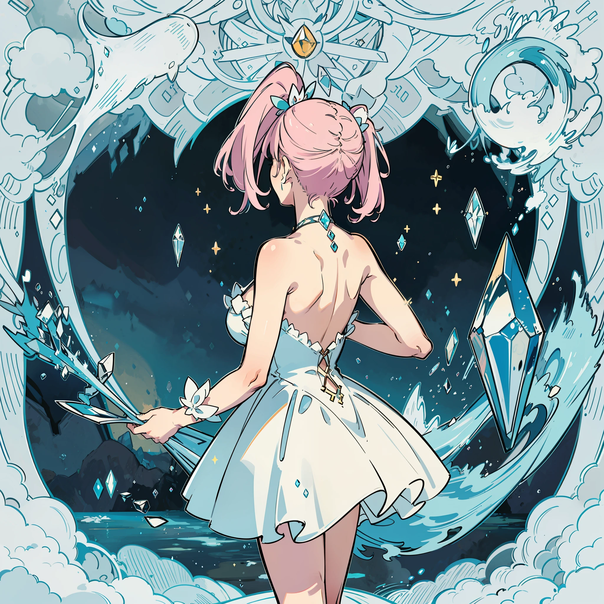 Detailed depiction of girl details, emphasis on pink double ponytail, clearly express the silhouette of the girl's shape, static, by the river, hands on the back, the river in the distance is crystal clear, shimmering ripples in the light background, depicting a mysterious and unique atmosphere.