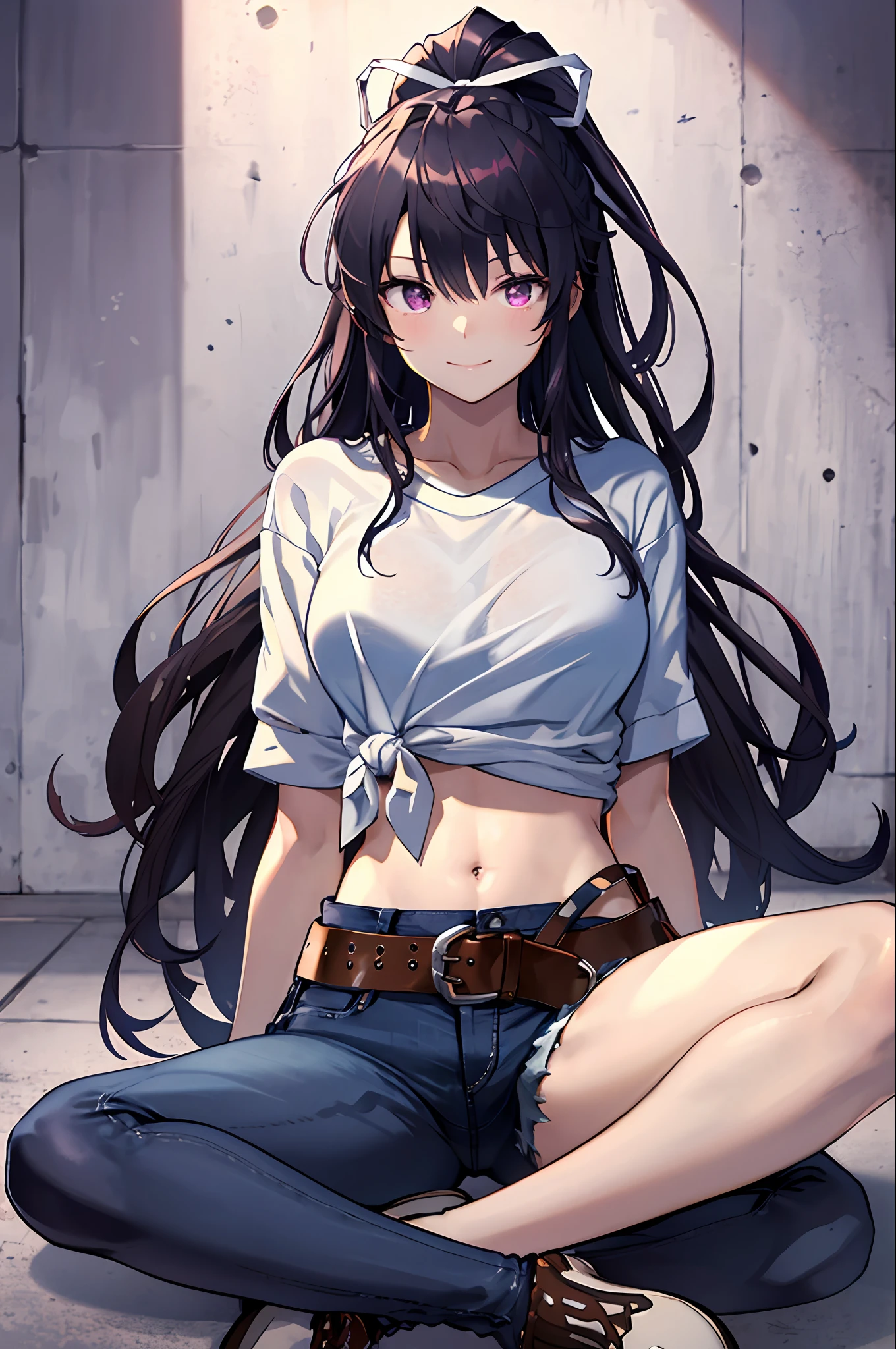 masterpiece, best quality, highres, kaori1, 1girl, solo, sheathed, asymmetrical clothes, navel, purple eyes, very long hair, tied shirt, midriff, hair ribbon, single pantsleg, white shirt, ponytail, black hair, large breasts, jeans, white ribbon, brown belt, purple hair, asymmetrical legwear, cowboy shot, smile, indoors, sitting, crossed legs,