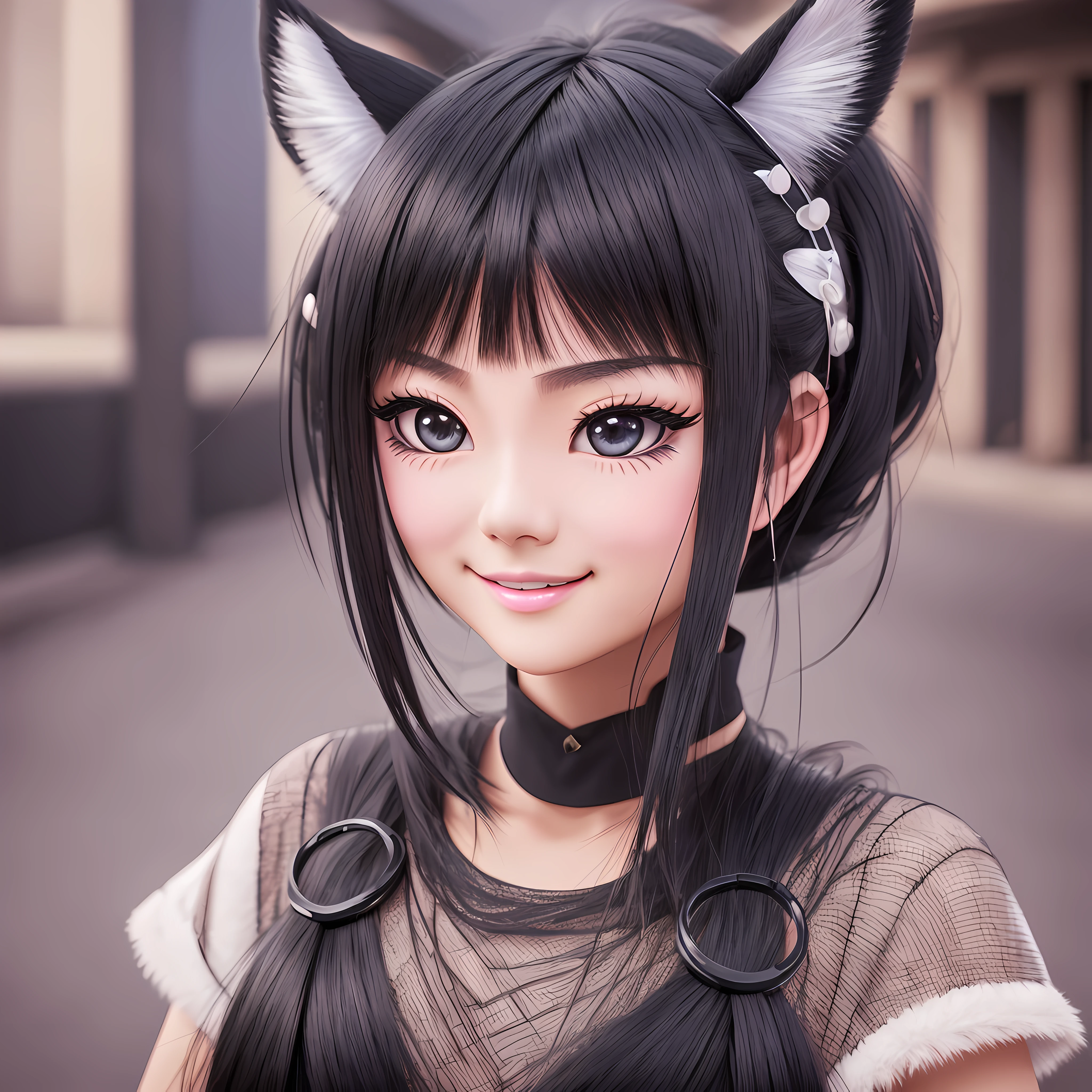 black hair, hair bobbles, wince, longeyelashes, solid circle eyes, fake animal ears, light smile, ear blush, fang, Surrealism, drop shadow, anaglyph, stereogram, tachi-e, pov, atmospheric perspective, 8k, super detail, ccurate, best quality --auto