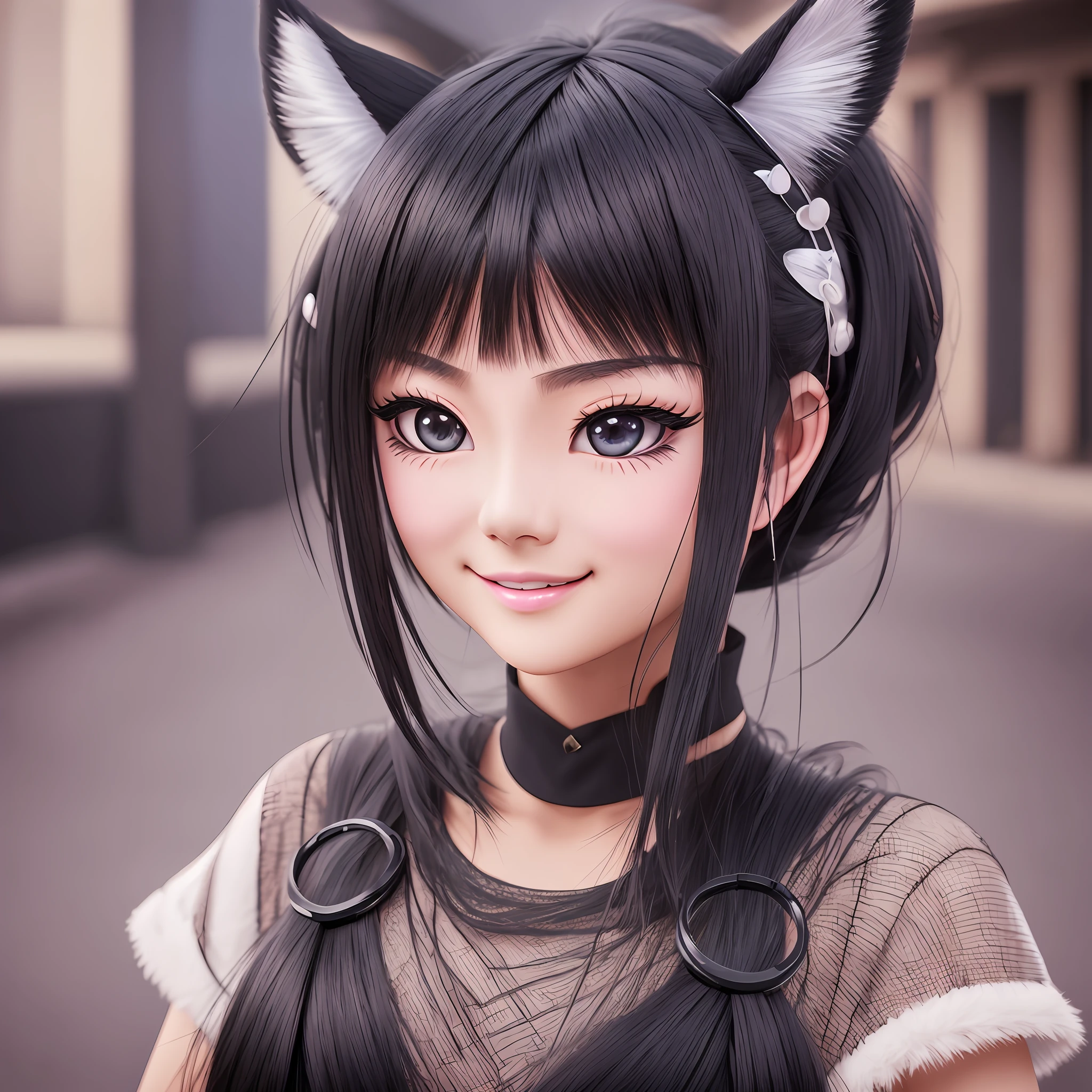 black hair, hair bobbles, wince, longeyelashes, solid circle eyes, fake animal ears, light smile, ear blush, fang, Surrealism, drop shadow, anaglyph, stereogram, tachi-e, pov, atmospheric perspective, 8k, super detail, ccurate, best quality --auto