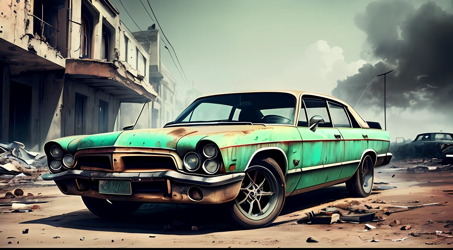 ((best quality)), ((masterpiece)), ((realistic)), (detailed), Black and white photography of a green abandoned car at a street of Havana city, rusty muscle car standing on a street, everything covered with dust, postapocalyptic, ((close shot, 35 mm)), realism, exploration, cinematic, realistic, octane render, unreal engine, hyper detailed, volumetric light, moody cinematic epic concept art, realistic matte painting, concept art, insanely detailed, , ((masterpiece)), absurdres, HDR