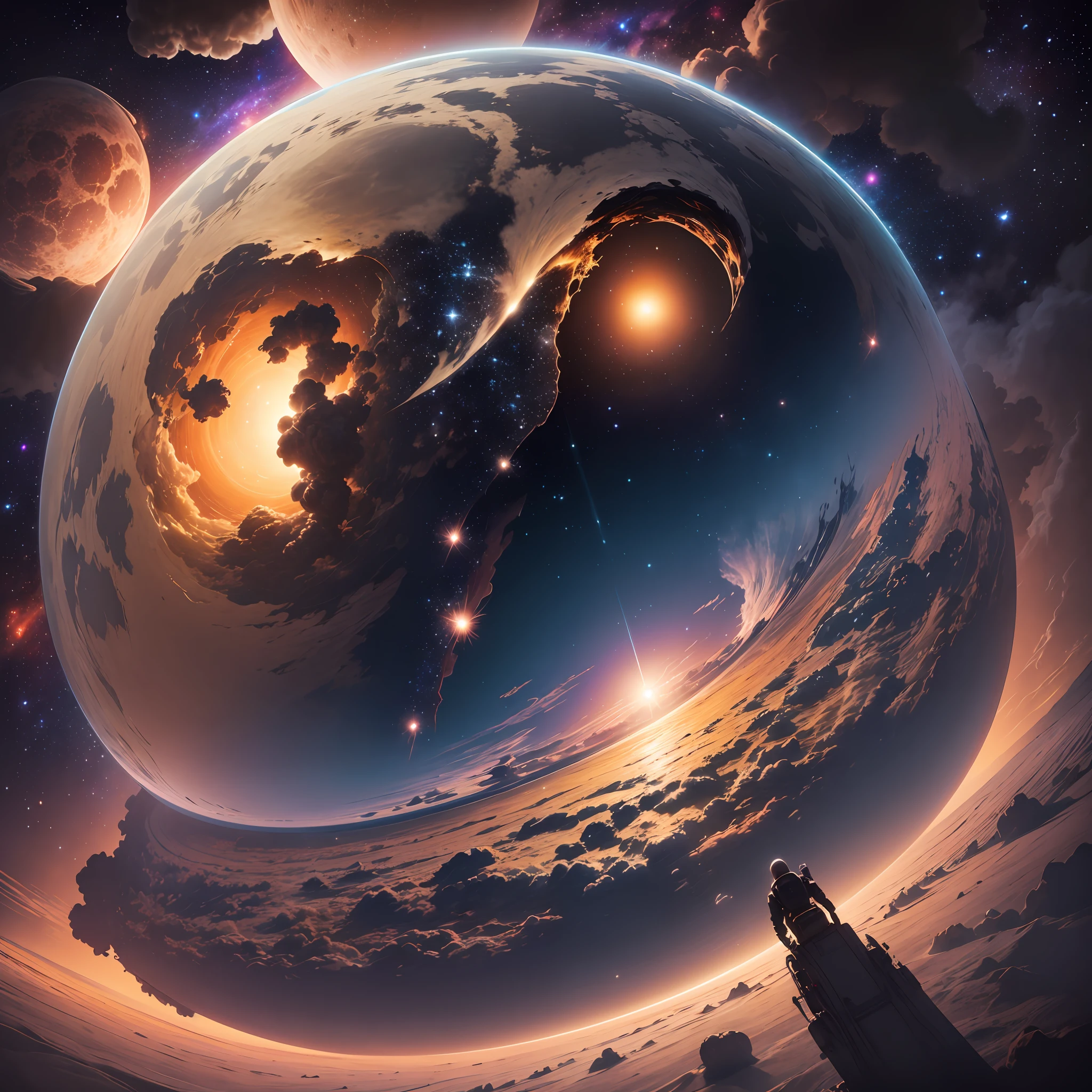 a person is floating through deep space, realistic looking planets and stars, gas and dust clouds, mystical, dramatic, cinematic, 4k --auto --s2