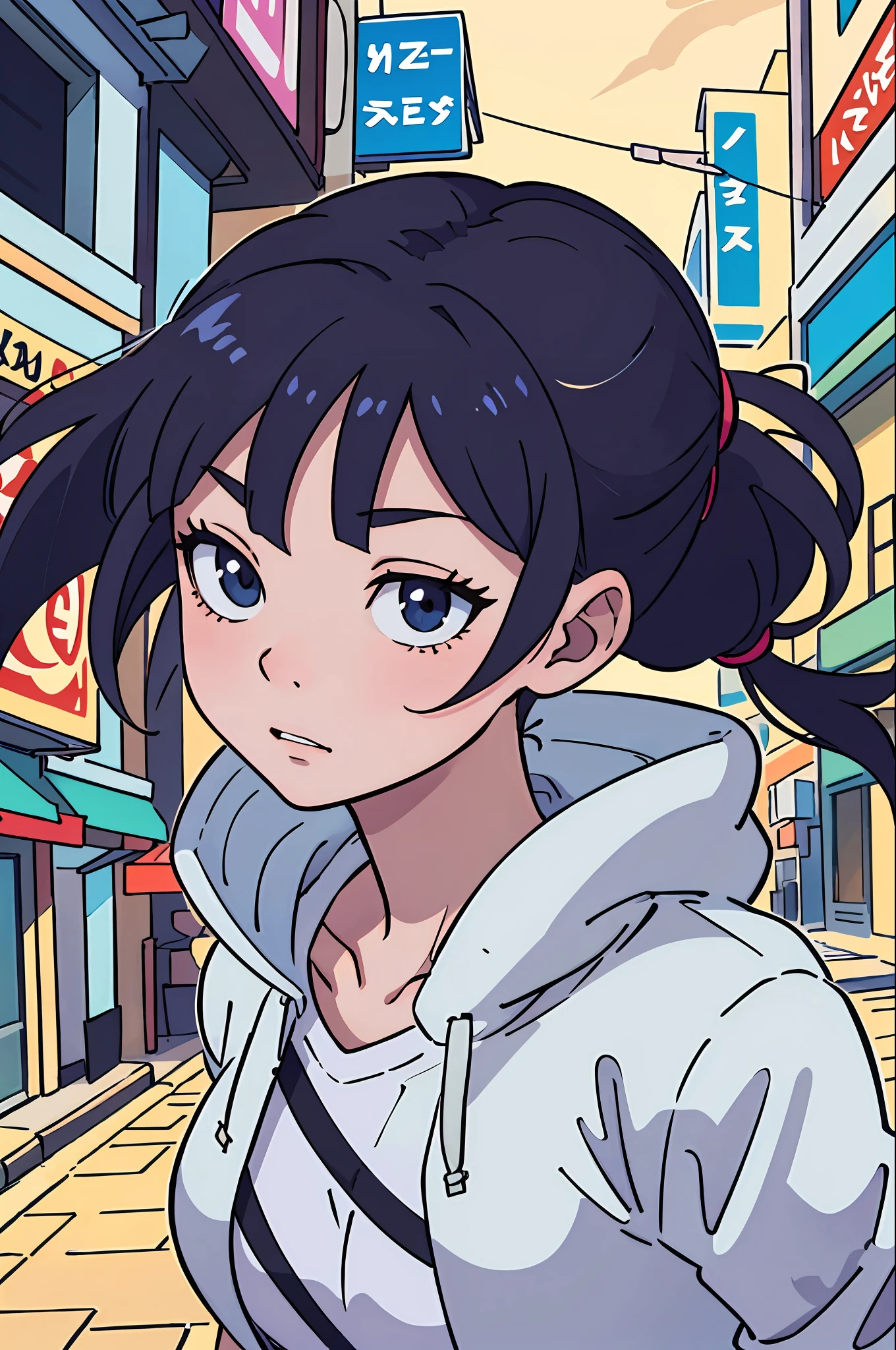 (best-quality:0.8), (best-quality:0.8), perfect anime illustration, extreme closeup portrait of a pretty woman walking through the city