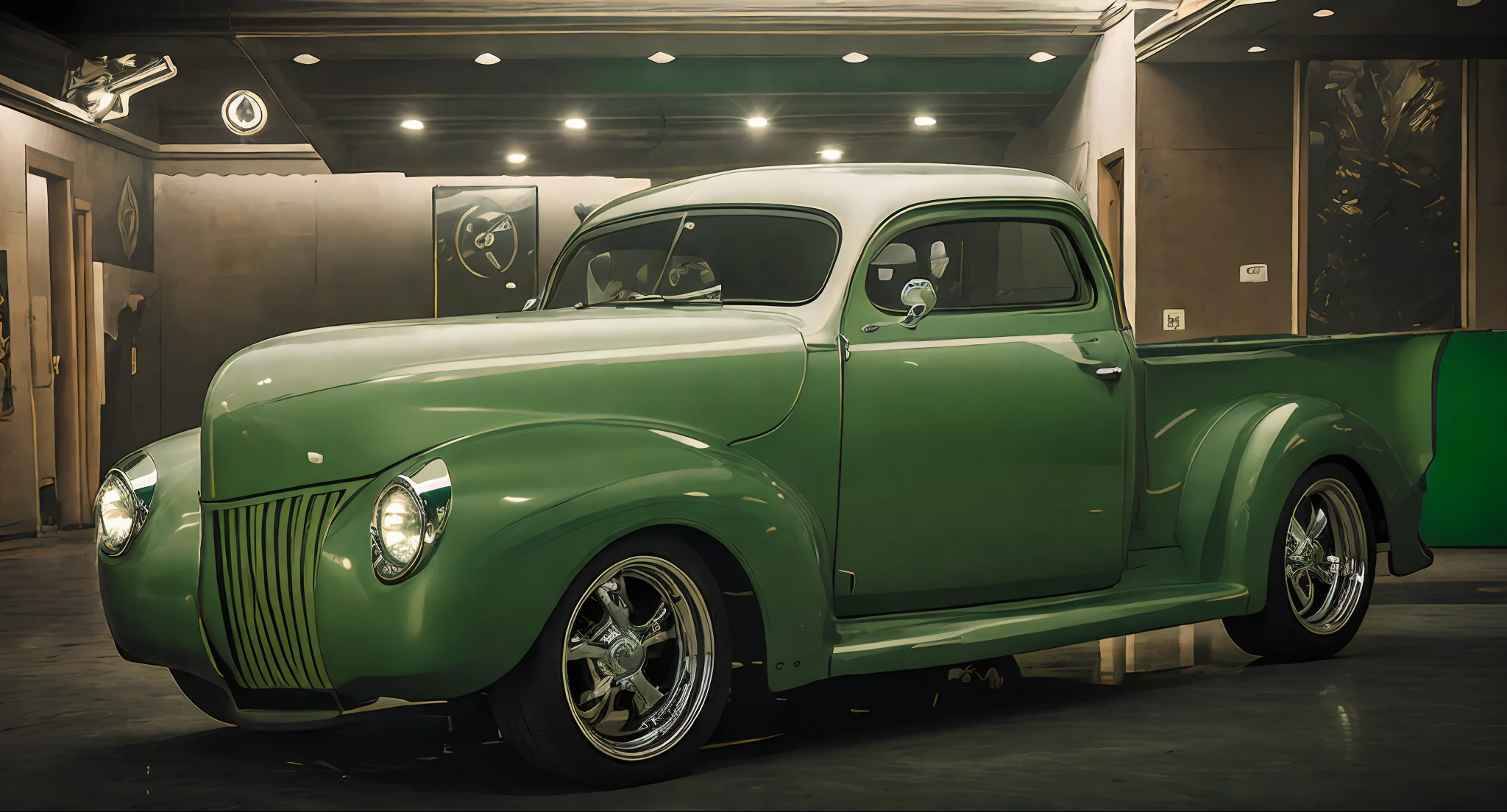 There's a green truck parked in a garage with a sign of lights, Restomod, carro de picape verde, classic cars, Bruce Kaiser, Foto de perfil frontal, obra-prima premiada, tiro frontal, lime green, classic chrome, classic car, Directed by: Arnie Swekel, cool looking, tiro frontal, obra-prima premiada, Directed by: Dean Roger, 2014