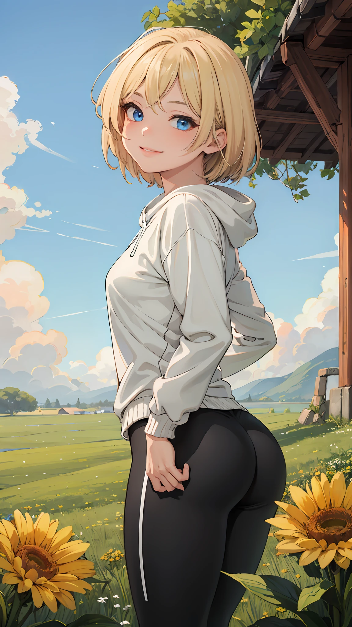 best quality, masterpiece, small breasts, smile, sweatshirt, leggings, outdoors, alone, anime style, grass field, daytime, blue sky, blue eyes, detailed eyes, medium hair, blonde hair, loose hair, bangs, ass,