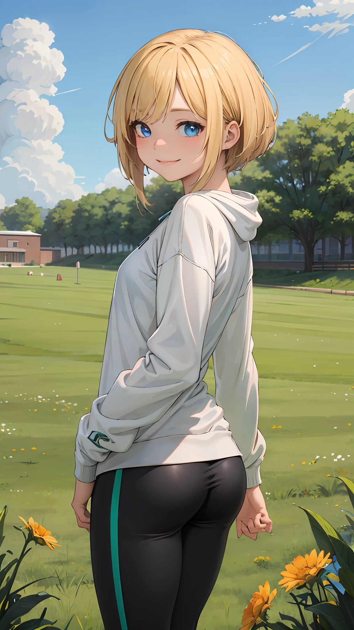 best quality, masterpiece, small breasts, smile, sweatshirt, leggings, outdoors, alone, anime style, grass field, daytime, blue sky, blue eyes, detailed eyes, medium hair, blonde hair, loose hair, bangs, ass,