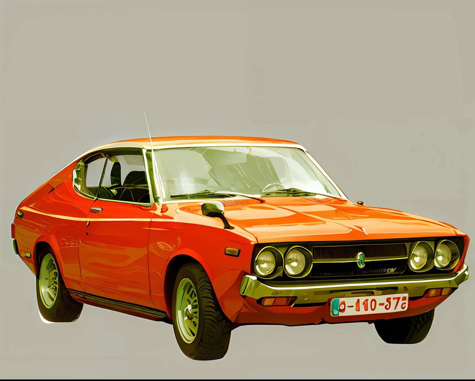 car Datsun 150-j of the year 1975 orange color, con tabla de surf en la parte superior, Highly detailed illustration.", vehicle illustration, cartoon style illustration, estilo de dibujos animados, HD Illustration, ultra-detailed illustration, vector illustration, Hiper real altamente detallado, Highly detailed illustration, high detail illustration, retro illustration, Caricatura altamente detallada, artistic illustration, Arte vectorial altamente detallado, a beautiful art illustration