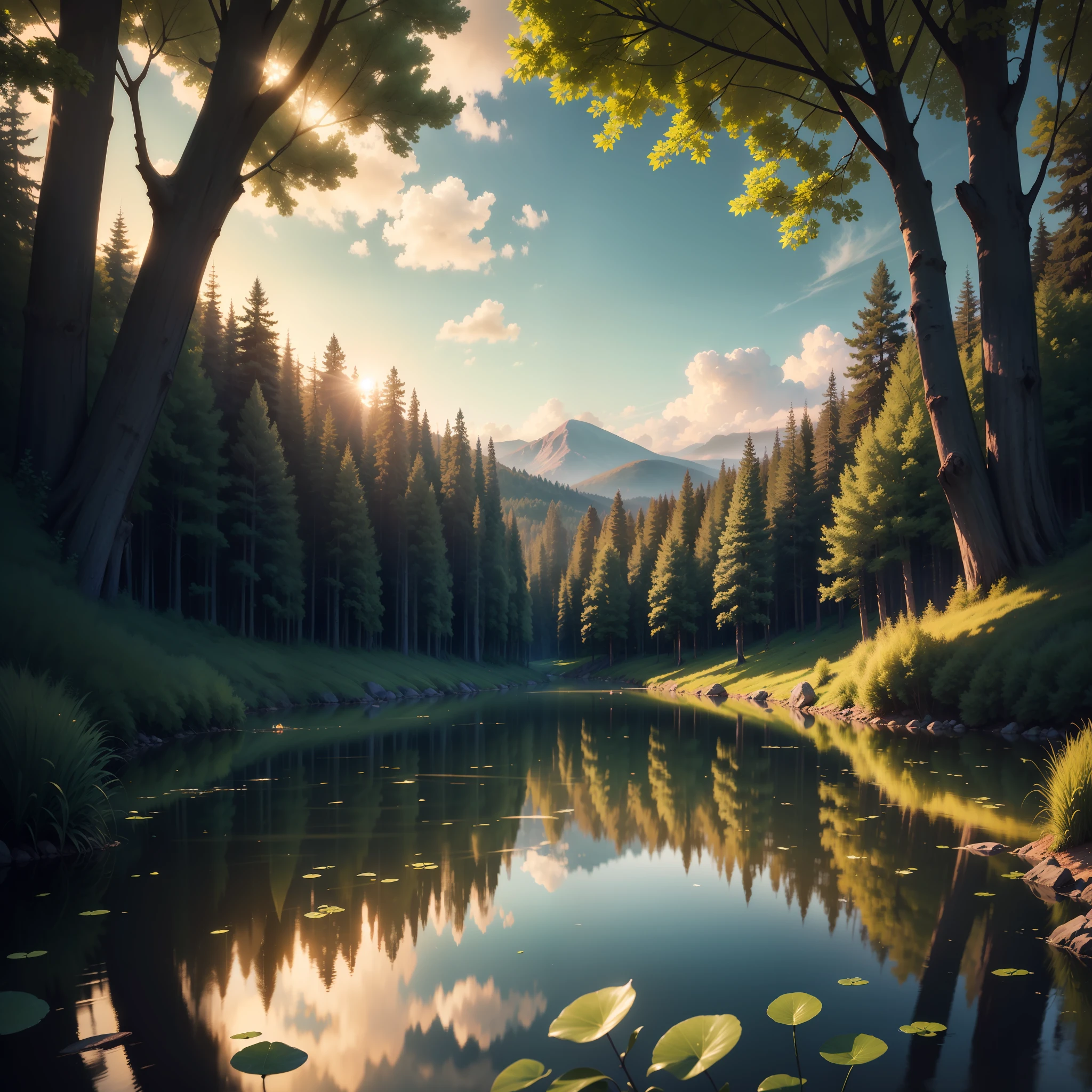 wallpaper, summer, lake, dawn, forest, detailed forest, clouds, masterpiece, cinematic, soft light, depth of field, ray tracing, reflection in water, realism, ulra detailed,