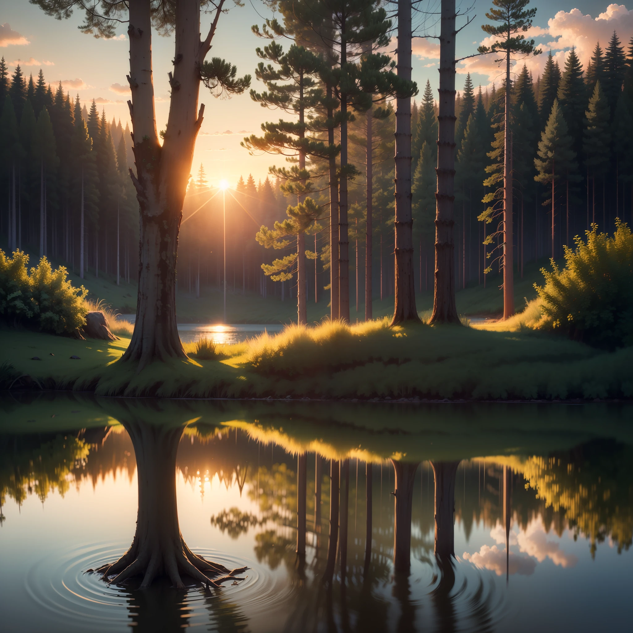 wallpaper, summer, lake, dawn, forest, detailed forest, clouds, masterpiece, cinematic, soft light, depth of field, ray tracing, reflection in water, realism, ulra detailed,