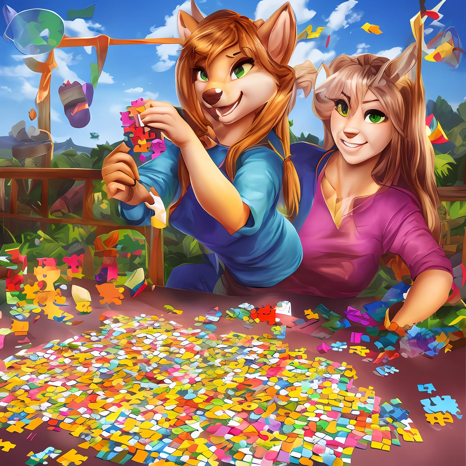 Wiki illustration, The image portrays a radiant and confident woman smiling while holding a puzzle in her hands. She is surrounded by scattered puzzle pieces, symbolizing the process of overcoming and rebuilding after a breakup. The woman's confident and joyful expression conveys the message that it is possible to regain happiness. This image represents transformation and the ability to piece life back together to create a new path. --auto