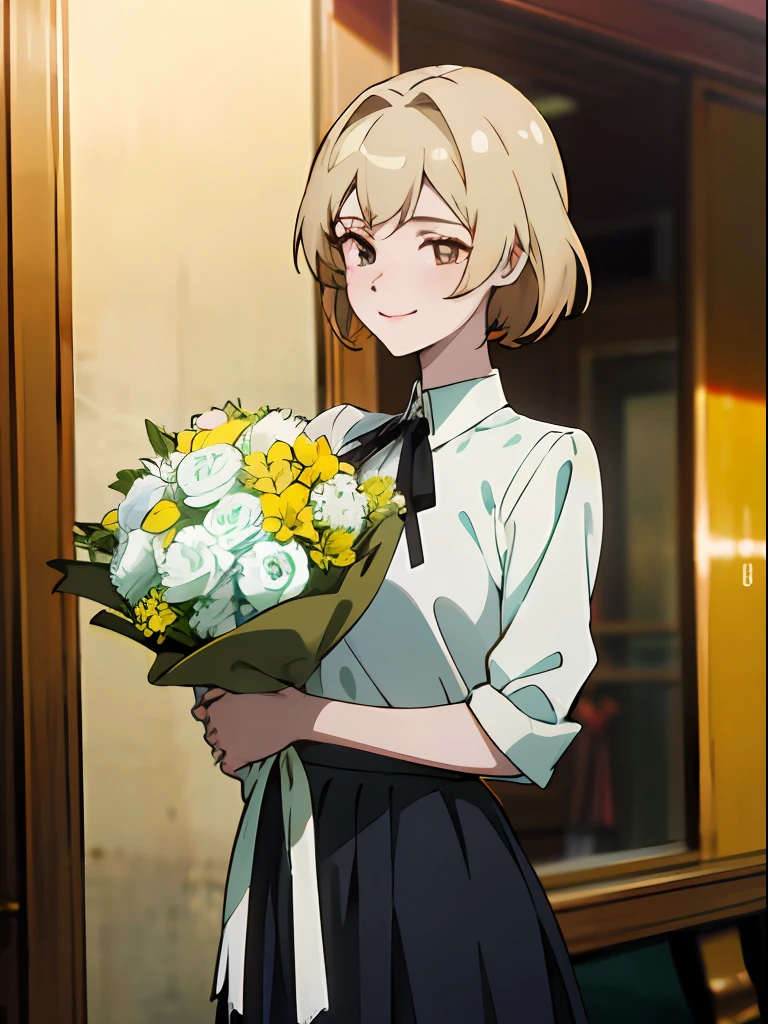 anime, celebration party,bouquet,bouquet,bouquet,best quality, photorealistic:1.3 , tareme, detailed face, attractive smile, heart, highres, extremely detailed face, pale skin, lustrous skin, anime color palette, blouse, ribbon, skirt, cute girl,