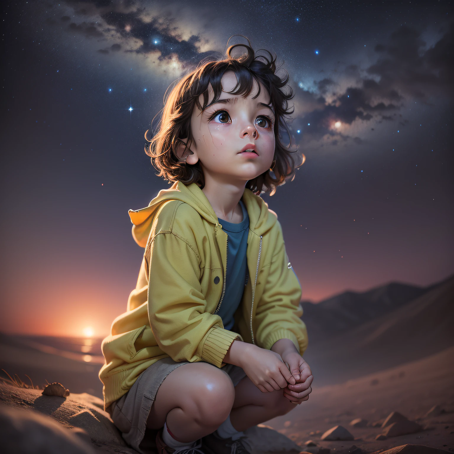 film still, directed by stephen spielberg, a young child stares up in wonder at the night sky, beautiful, inspiring, hopeful lighting --style raw