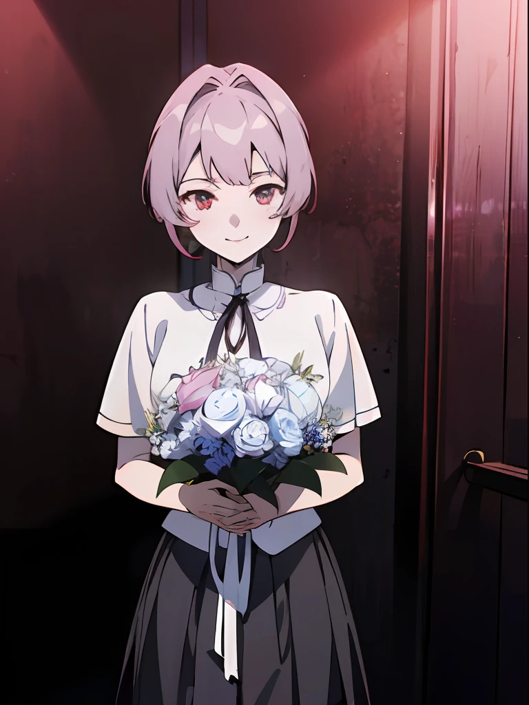 anime, celebration party,bouquet,bouquet,bouquet,best quality, photorealistic:1.3 , tareme, detailed face, attractive smile, heart, highres, extremely detailed face,  pale skin, lustrous skin,  anime color palette, blouse, ribbon, skirt, cute girl,