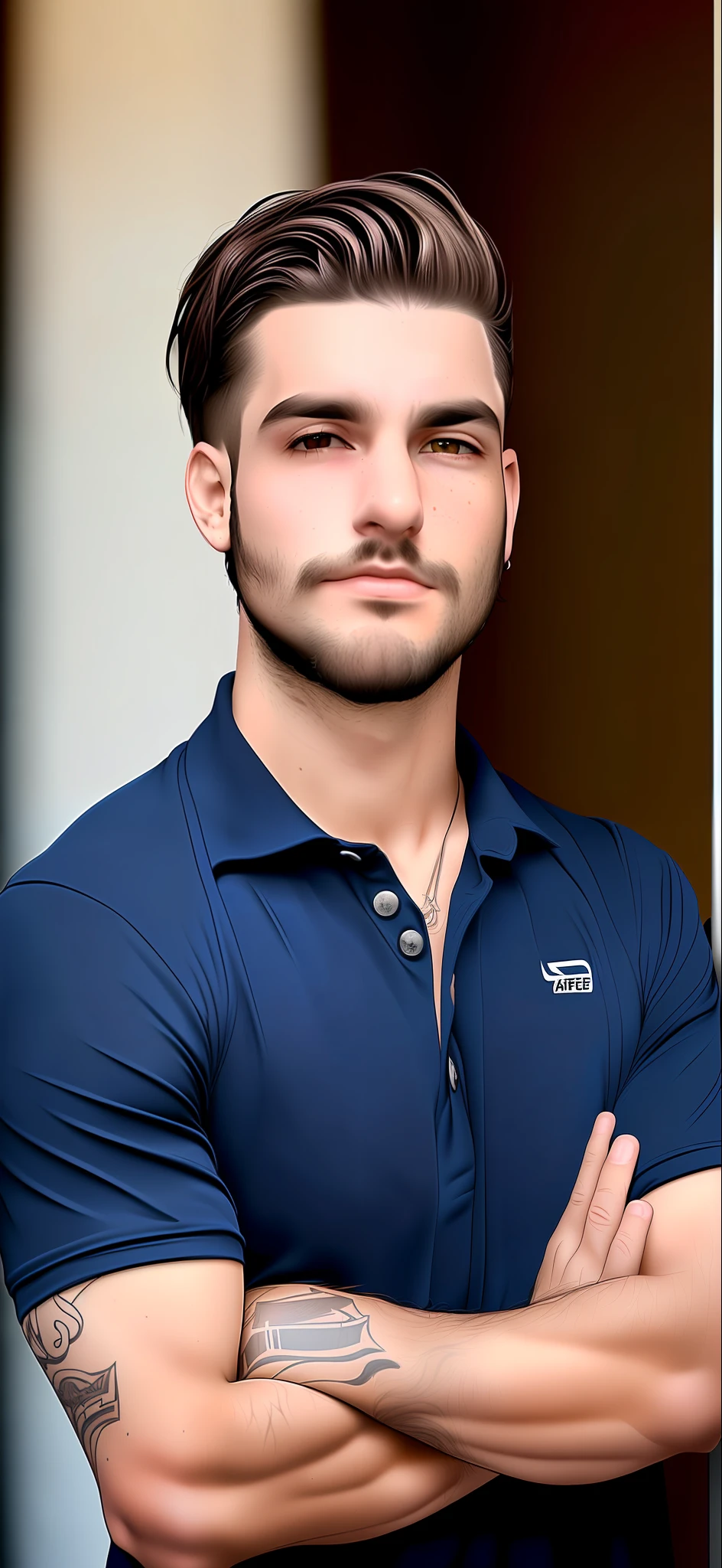 arafed man with a beard and a blue shirt looking at the camera, ligeiro restolho, restolho curto, restolho no rosto, neckbeard, com uma barba pequena, cerca de 20 yo, barba pequena, restolho leve, em torno de 1 9 anos, Streamer do Twitch / Jogador Ludwig, imagem frontal, 2 3 anos