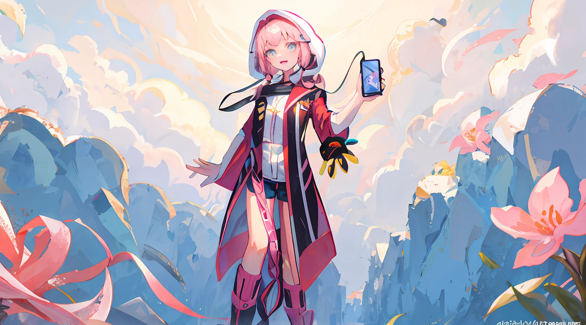 Garota anime de pele vermelha segurando um telefone celular, humanoid pink female squid girl, four-armed anime girl, conceito de corpo inteiro, Arte digital de Danganronpa, cabelo rosa twintail e olhos cianos, haruno sakura, [ arte conceitual ]!!, menina alquimista, retrato de corpo inteiro de um curto!